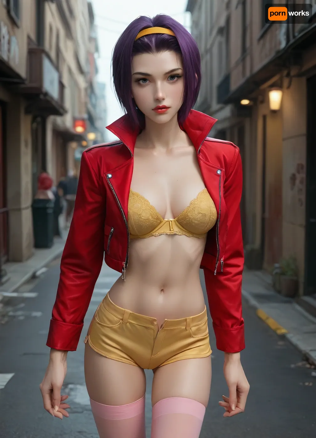 masterpiece, best quality, high resolution, hires, score_9, score_8_up, score_7_up, score_6_up, (Faye Valentine:1.4), yellow silk bra, yellow short shorts, red jacket, pink stockings, short purple hair, athletic body, big breasts, in a cyberpunk city, in a alleyway, ratatatat74, incase style, anime fantasy, fv4lent, yellow_outfit_pink_thighighs, red, jacket, <lora:287175_training_data:1.4>, <lora:ratatatat74-000050:1.4>, <lora:faye-anime:1.4>