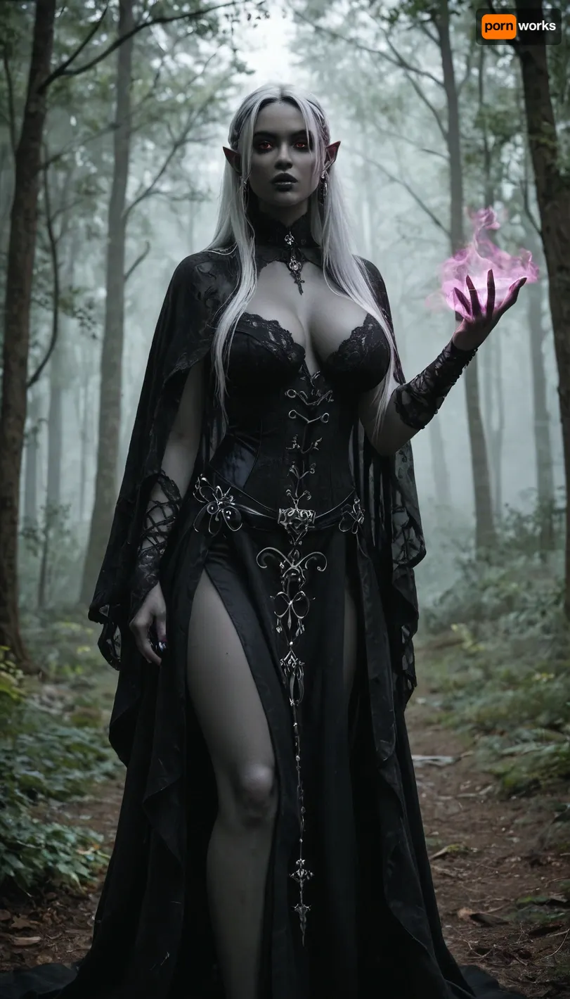 Beautiful female elf goth warlock, goth, servant of a Gothic patron, regal and otherworldly. Tall and elegant with a slim but powerful build, flawless pale skin with a faint shimmer, sharp angular elven features, long flowing white hair, with black highlights, and piercing red eyes glowing faintly with gothic magic, large bimbo breasts, (black-grey skin:1.8), . Wearing enchanted ornate plate armor shaped with flowing gothic symbols, and silver filigree, glowing with faint red arcane light. A cloak of deep twilight purple billows behind her. Wielding a glaive with an ethereal crystalline blade that hums with gothic power, runes glowing along the shaft. Standing in a moonlit forest clearing where flowers bloom at her feet, glowing will-o’-wisps and faint arcs of gothic magic floating in the air. Ultra-realistic high fantasy art, highly detailed, cinematic magical lighting, atmosphere of beauty, danger, and gothic majesty.