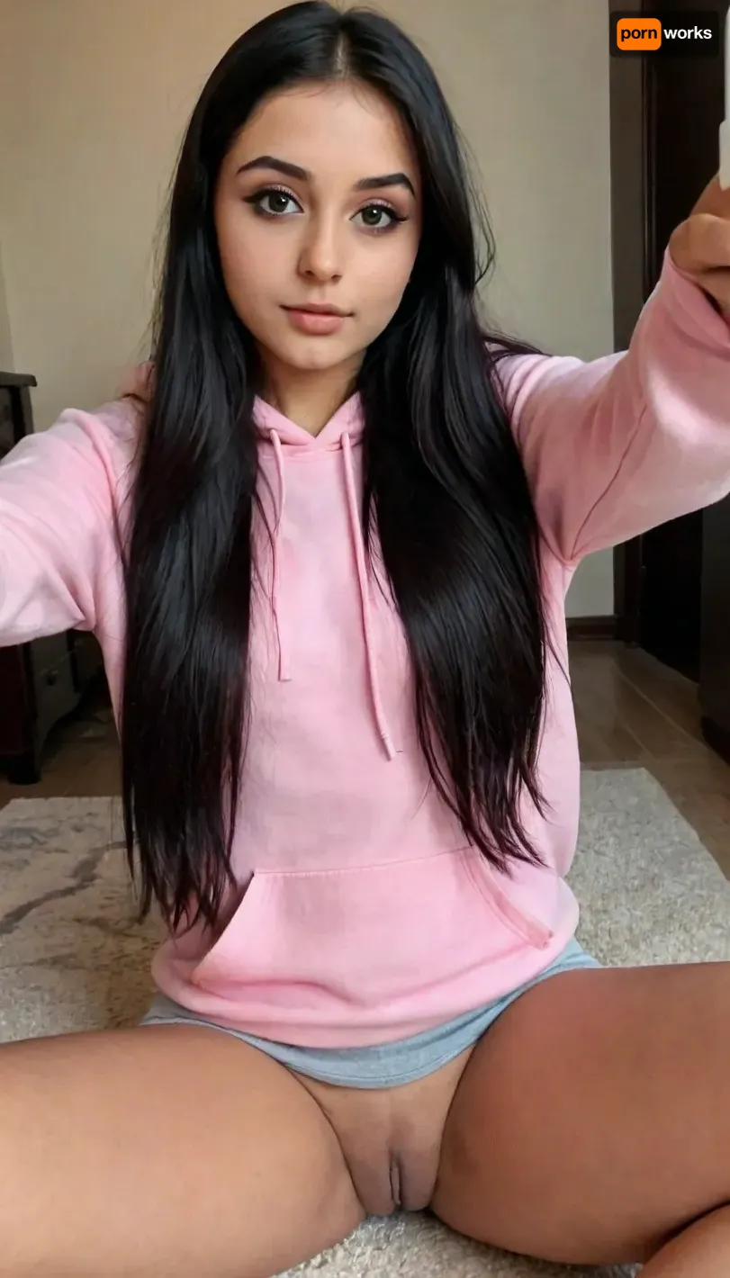High angle shot selfie, 18 year old college student, indian British, oversized soft pink hoodie, Smokey eyes, long straight hair, beautiful, gorgeous, stunning, very shy, sexy abs, ((black hair)), sitting on the ground with her legs spread apart taking a selfie for instagram, no panties, shaved pussy, no pants, show shaved pussy, photo, <lora:mobile:.8>, <lora:1122530_training_data:1.9>
