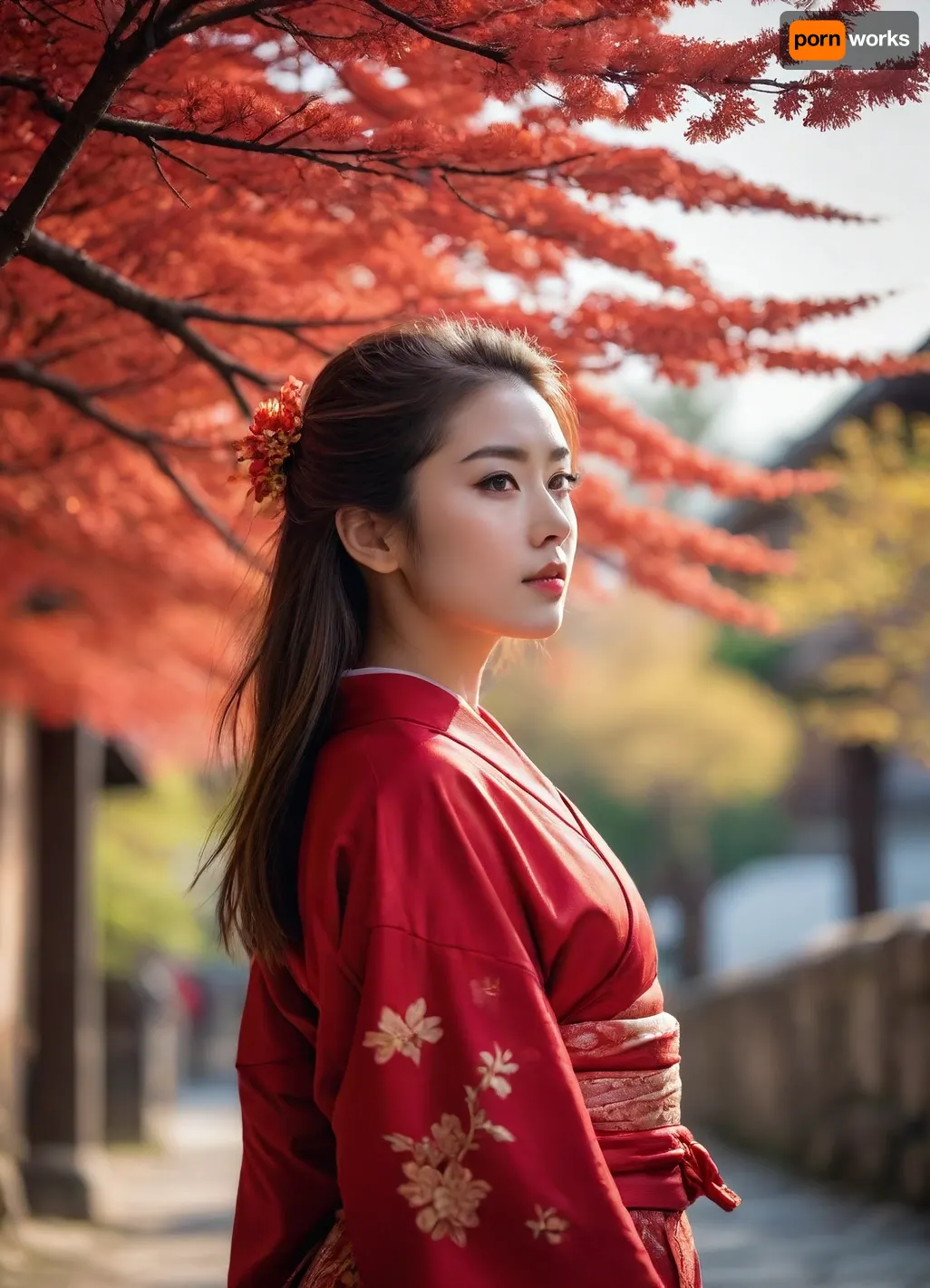 a girl in a red kimono