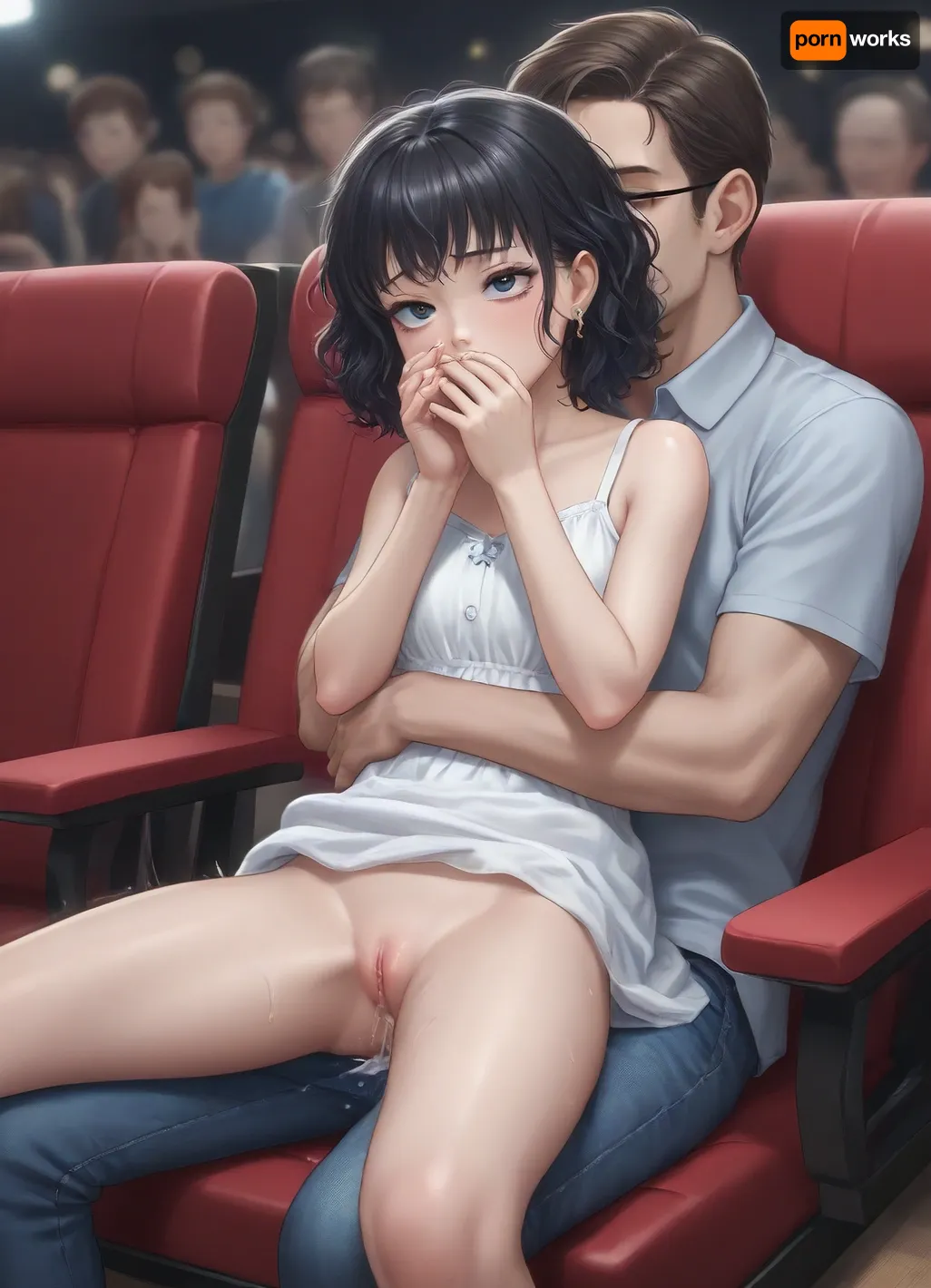 score_9, score_8_up, score_7_up, absurd_res, hi_res, anime_source, (big man sitting on chair in movie_theater, cute girl on lap:1.1), open pants, hug, anal, pussy_juice, stealth_sex, cum, sundress, smug, surprised, exhausted, rolling_eyes, covering_mouth, detailed face, intricate details, hyperdetailed, very aesthetic, motion_lines, <lora:NAI Smooth Boys Style SDXL_LoRA_20r_20e_8i_nr32_a16_Pony Diffusion V6 XL:.5>, <lora:Concept Art Twilight Style SDXL_LoRA_Pony Diffusion V6 XL:.7>