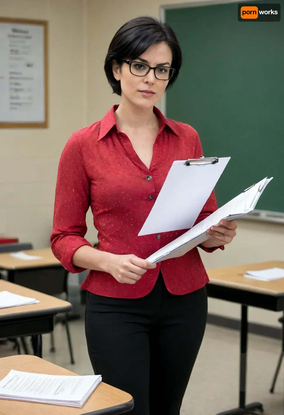 Mrs. Upron, English teacher, holding clipboard with papers, (red and white layered blouses), tight black pants, dark glasses, (medium/short straight black hair), full figure, (curvy), (hourglass figure), college setting, empty classroom, (gesturing to emphasize clipboard), serious, slightly annoyed expression
