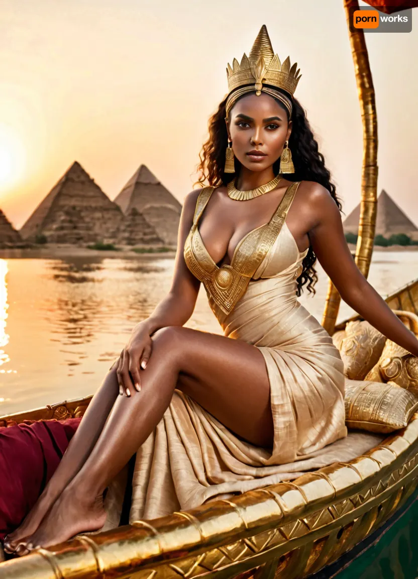 A fictional Nile queen reclining on a gilded lotus barge, diaphanous linen dress slipped to show hip and boobs and beautiful legs, heavy kohl, wide gold collar, servants pouring wine, papyrus reeds and pyramids at sunset, lush cinematic luxury.