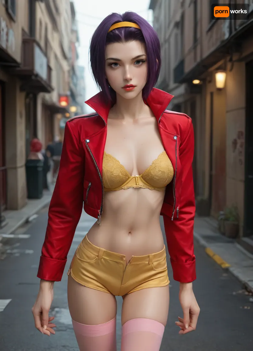 masterpiece, best quality, high resolution, hires, score_9, score_8_up, score_7_up, score_6_up, (Faye Valentine:1.4), yellow silk bra, yellow short shorts, red jacket, pink stockings, short purple hair, athletic body, big breasts, in a cyberpunk city, in a alleyway, ratatatat74, incase style, anime fantasy, fv4lent, yellow_outfit_pink_thighighs, red, jacket, <lora:287175_training_data:1.4>, <lora:ratatatat74-000050:1.4>, <lora:faye-anime:1.4>