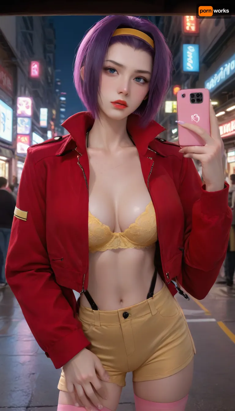 masterpiece, best quality, high resolution, hires, score_9, score_8_up, score_7_up, score_6_up, (Faye Valentine:1.4), detailed face, yellow silk bra, yellow short shorts, red jacket, pink stockings, short purple hair, athletic body, big breasts, in a cyberpunk city, in a alleyway, close up, selfie, ratatatat74, incase style, anime fantasy, fv4lent, yellow_outfit_pink_thighighs, red, jacket, Neonlight, <lora:287175_training_data:1.4>, <lora:ratatatat74-000050:1.4>, <lora:faye-anime:1.4>, <lora:cbcity2:1.4>