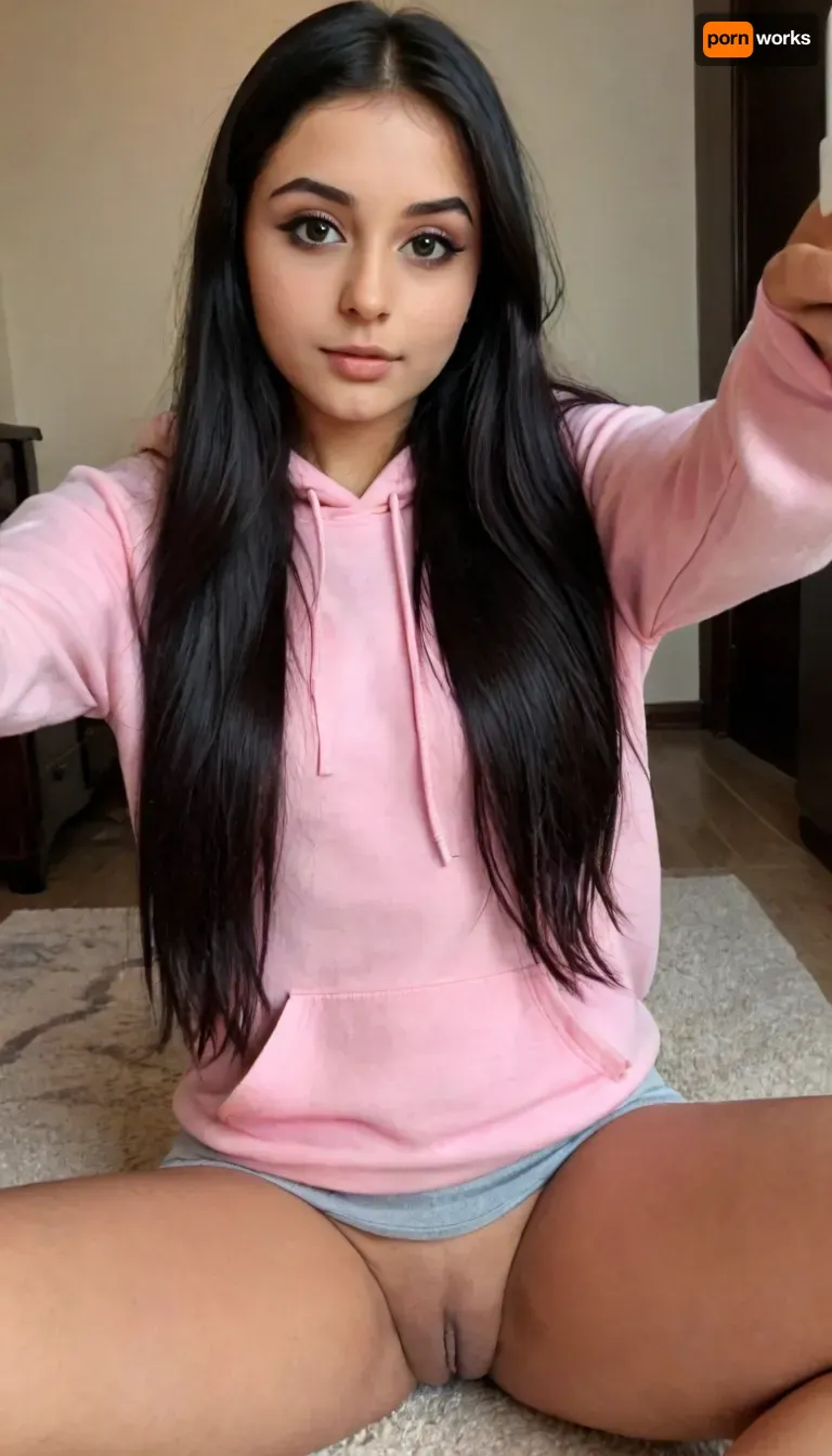 High angle shot selfie, 18 year old college student, indian British, oversized soft pink hoodie, Smokey eyes, long straight hair, beautiful, gorgeous, stunning, very shy, sexy abs, ((black hair)), sitting on the ground with her legs spread apart taking a selfie for instagram, no panties, shaved pussy, no pants, show shaved pussy, photo, <lora:mobile:.8>, <lora:1122530_training_data:1.9>