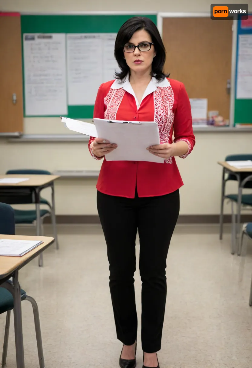 Mrs. Upron, English teacher, holding clipboard with papers, (red and white layered blouses), tight black pants, dark glasses, (medium/short straight black hair), full figure, (curvy), (hourglass figure), college setting, empty classroom, (gesturing to emphasize clipboard), serious, slightly annoyed expression