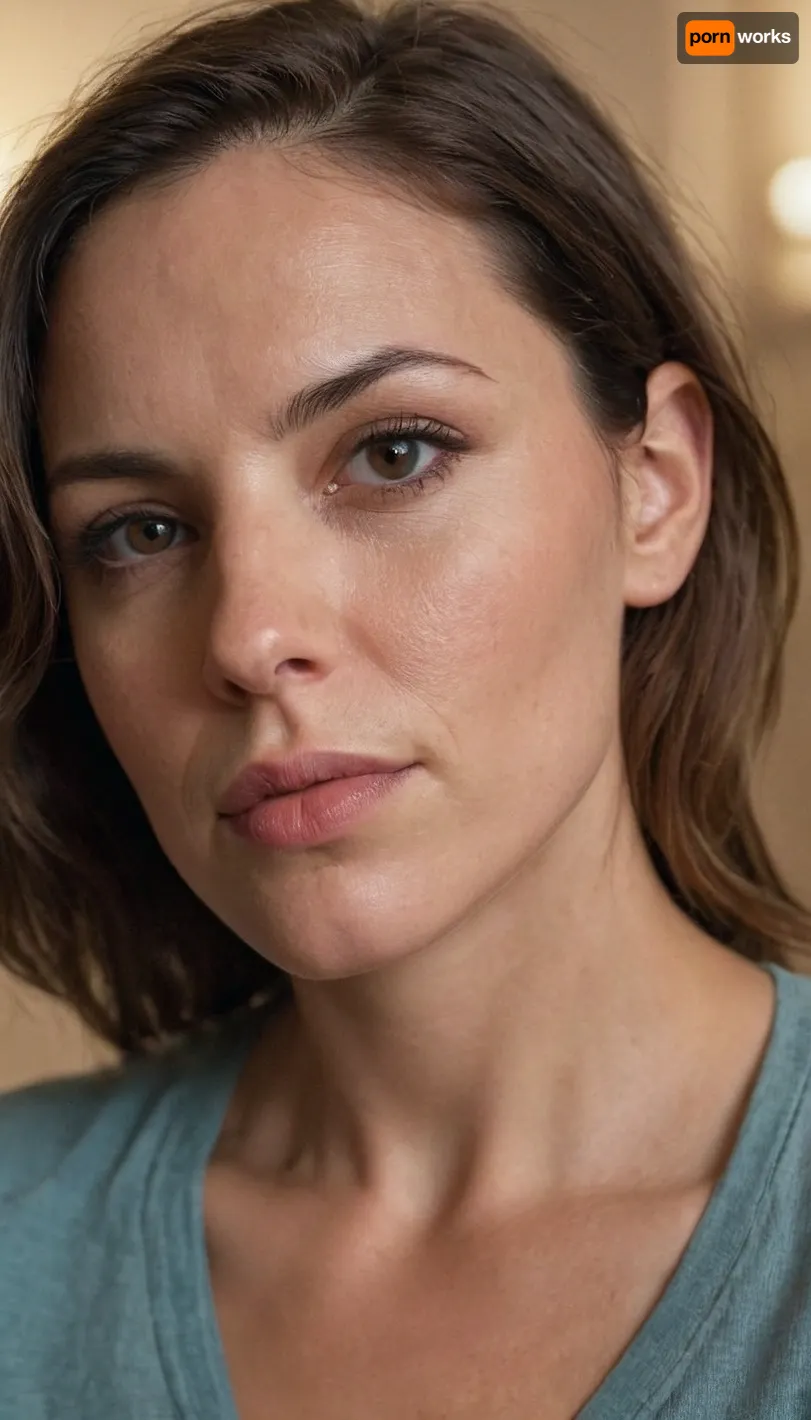 37 year old brunette, woman, no makeup, tired looking, tired eyes, big nose, thick lips, average 37 year old body