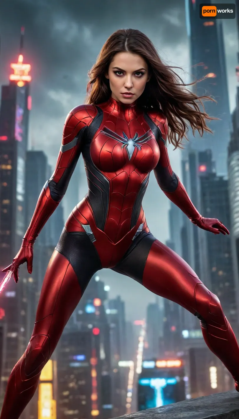 (futuristic-sci-fi image), menacingly seductive evil Spidergirl, (tyrannical ruler of Earth), long brunette hair, sinister yet alluring expression, (red form-fitting skimpy steel armor, big neckline cutout), commanding presence, (flying over a sprawling futuristic city), neon-lit skyline, dark ominous clouds above, vibrant colors reflecting off buildings, (ultra-detailed), dramatic lighting, captivating atmosphere. full of hate and anger, angry and violent face expression