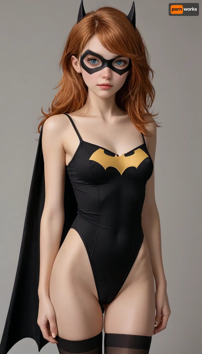 vibrant colors, high contrast, dark theme, score_9, score_8_up, score_7_up, score_6_up, score_5_up, score_4_up, ratings_explicit, ratings_nsfw, 1woman, 25 years old, solo, gwen stacy, standing, looking at viewer, cowboy shot, perky tits, erect nipples, black high waist leggings, high waisted camisole leotard, (cameltoe), contrapposto, skinny, very long orange hair, asymmetrical hair, swept bangs, (((batgirl mask))), simple white background