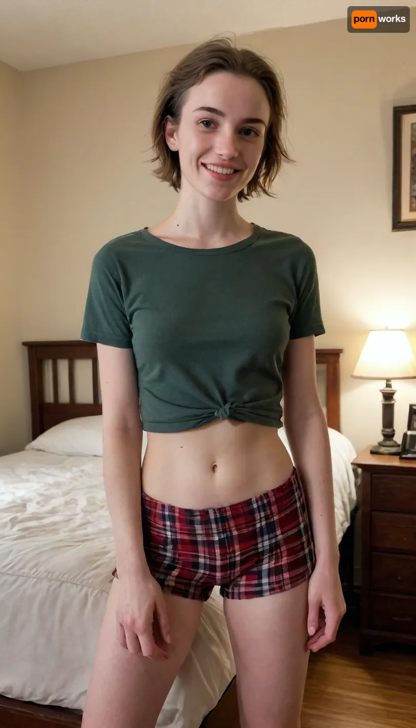 Photograph selfie of Androgynous thin small soft young boyish slender sissy, (wearing large loose men's flannel boxer shorts:1.2), in dark dim warmly lit cluttered dorm room, (tight t-shirt:1.1), slender waist, skinny, (wide hips:1.4), thin arms, (narrow shoulders:1.4), shy smile, medium hair, (masculine face:1.3), imperfect freckled skin, 30 year old non-binary, ultra high detail photographic realistic, 8k