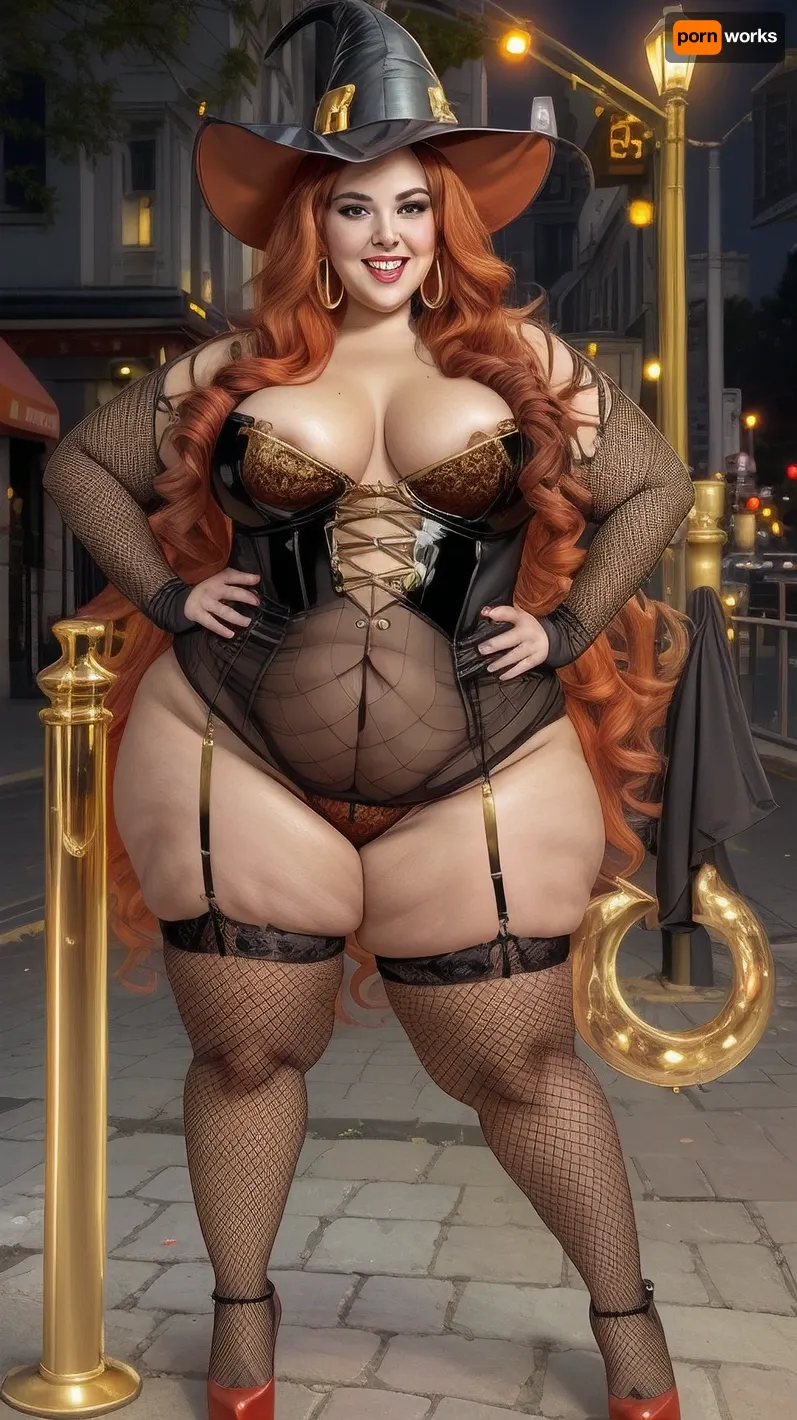 40 year old BBW, chubby face and neck, chubby chin, medium saggy breasts, large smooth chubby belly, thick body, chubby body, thick thighs, thick arms, stretch marks on belly and thighs, wide hourglass hips, fat hips, chubby hips, round chubby ass, smooth looking legs, wide lower legs, chubby ankles, no muscle visible, platform high heels, gold earrings, gold jewelry, (at night posing sexually on a busy sidewalk full of people in front of business), (exposing see through fishnet dark orange witch themed lingerie with latex gloves with 4 fingers and 1 thumb), (long black and red hair), (2 horned witch hat), (non symmetrical body fat), (pussy covered in hair), (hairy pussy showing), (pussy), (correct amount of fingers), (4 fingers 1 thumb), (smiling expression), (looking off into the distance), (full body picture), (far back camera view), (show legs), (show feet), (must show full body), (holding a gold penis shaped dildo), Fixhand, <lora:Real BBW V1:.5>