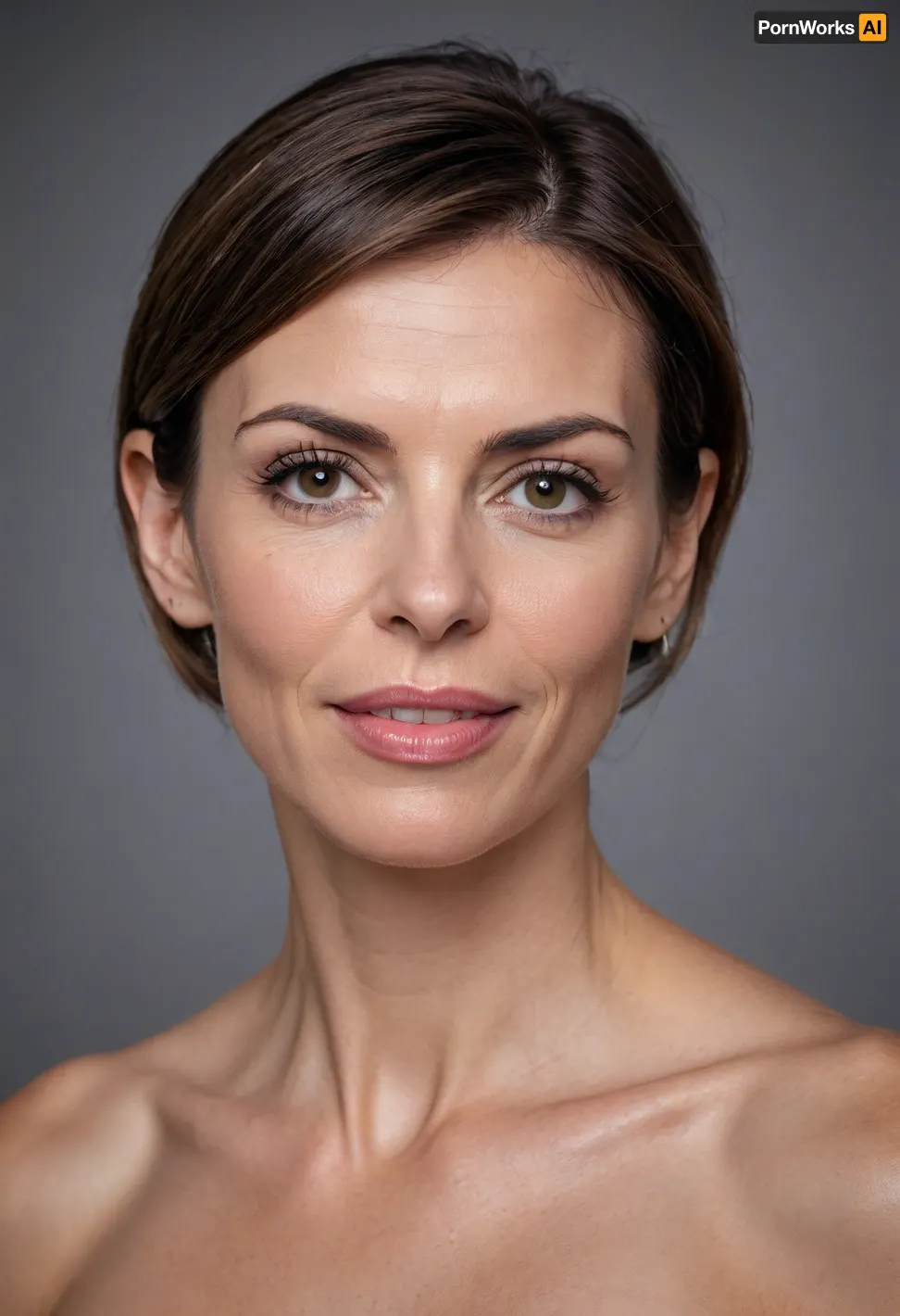 full head and shoulders portrait of 45 years old woman, (nude), naked, too much sexy, (extremely pretty), (absence of makeup), (Spanish face type), (highly expressive mimic), (flirting mimic), eye contact, (wide large mout, (very thin lips), (long hooked nose), (extra angular face), (massive sharp chin), (arrogant smirk), (short haircut), skin pores, circle type earrings, (masterpiece:1.5), (HD quality:1.5), (ultra detailed picture:1.5), (real photo:1.5), (anatomicaly correct:1.5))