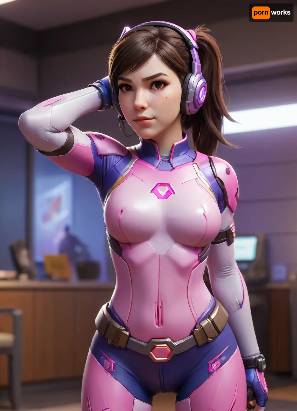 Masterpiece, high-res, 2k, best quality, 2.5d, allstars dva, d.va, (overwatch), One hand on the hip the other hand raised to the head