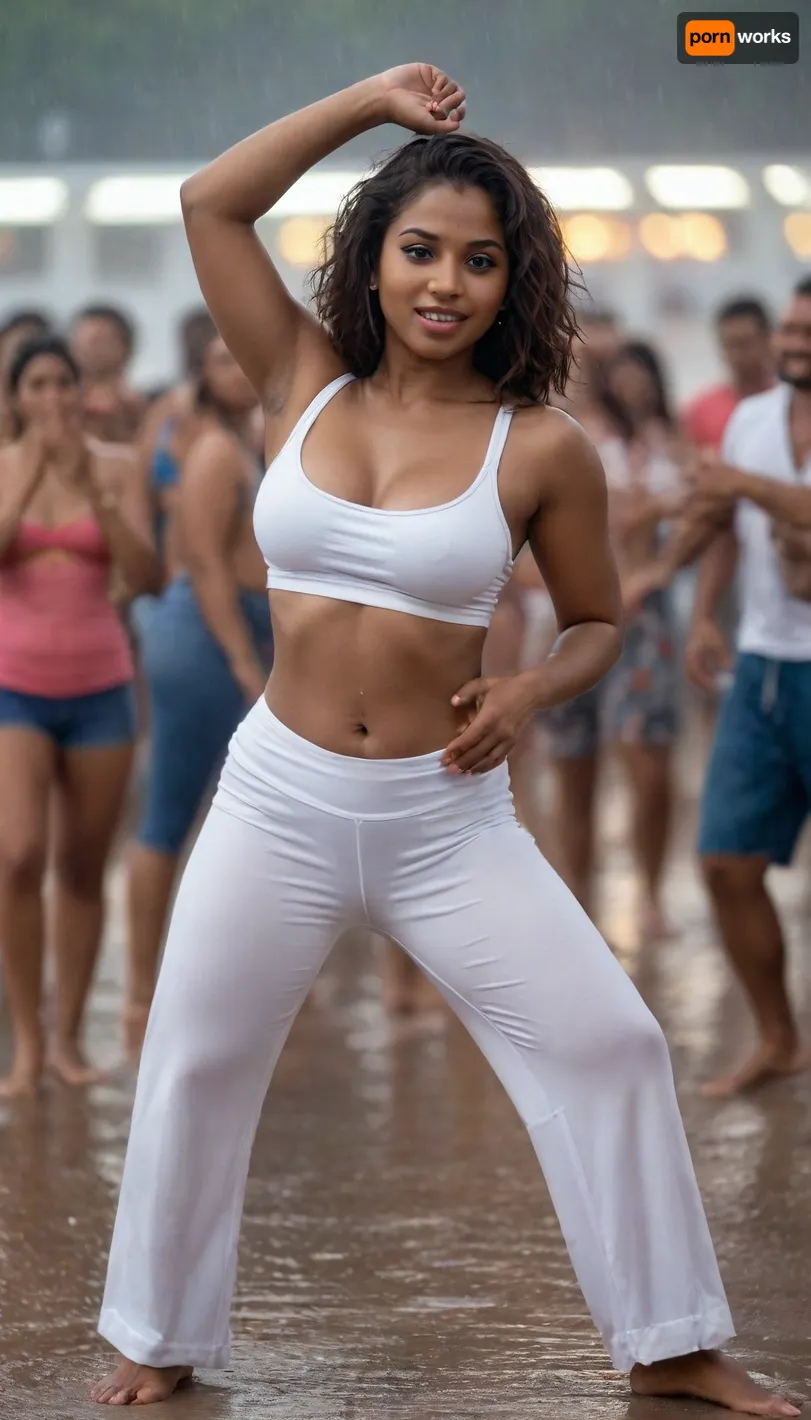a perfectly curved enormous boobs thick thighs, ((30 years old married Haitian Bengali woman. Crop top and white yoga bell bottom trouser highwaist)), bottom heavy and belly, from side bending over, dancefloor party, night-life, wet uneven toned skin and princess clothes, wet wavy tied up hair, (((a beach party, people dancing in the rain))), waves hitting shore, crowded background, carnival crowd, concert crowd