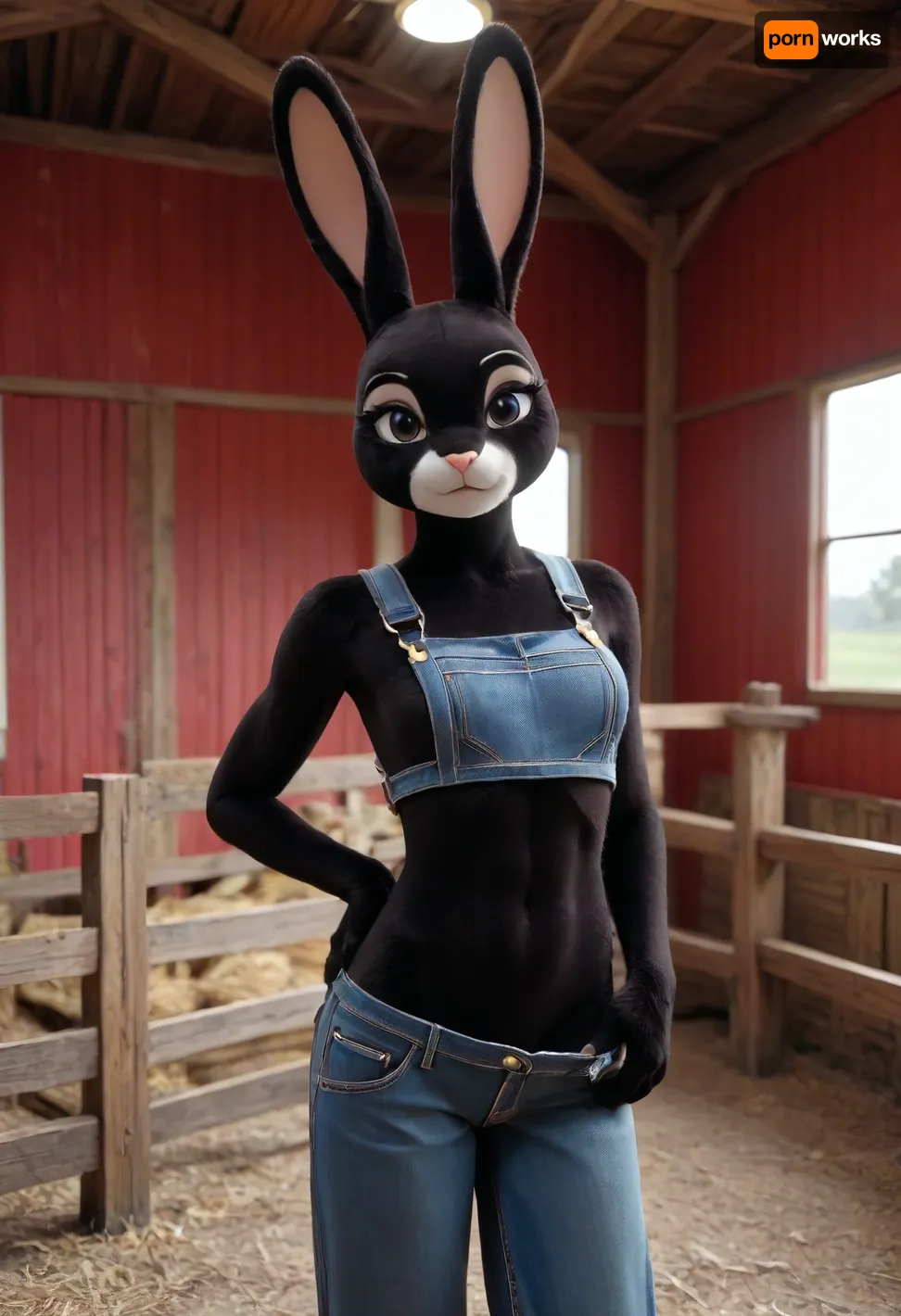 1girl, ((furry rabbit female on a farm), rabbit anthro, looking at viewer, black rabbit's head, alone, makeup, nice tits, muscular, thin, slim, abs, small ass, wearing overalls, barn theme, barn, nude, black fursuit), black fursuit, <lora:FursuitXL:.6>, <lora:Hegre-Nude_woman-000001:.5>