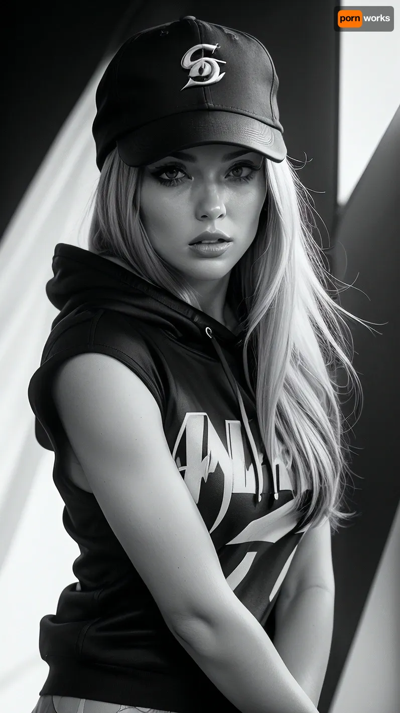 In a stark, high-contrast black and white illustration, a mysterious Glamour woman stands out against a plain white background. Her porcelain skin glows under a casual hoodie and cap combination, her long straight hair flowing effortlessly beneath the cap's brim. Oversized round sunglasses perch on her face, reflecting light and emphasizing her enigmatic expression, a masterclass in composure. The sharp lines of the ink style highlight the texture of her clothing and accessories, drawing the viewer's gaze to her upper body and captivating visage.