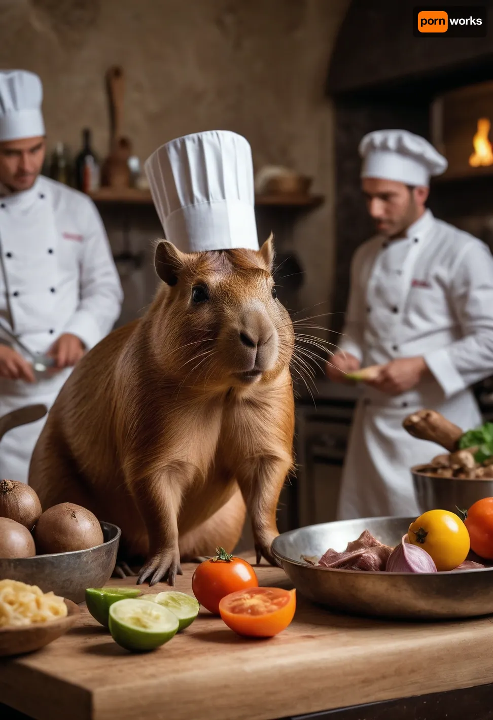 A capibara pretending to be a chef, several naked models in the background