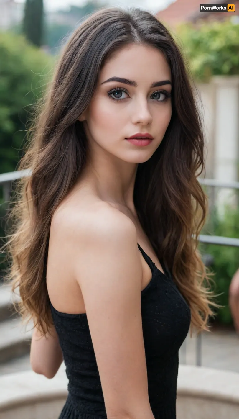 (((Show full body))), (close up of girl), very long hair, (front view), looking at camera, girl is gorgeous, (((young girl))), (((18 years old))), naked, ((eye contact)), slim figure, gorgeous girl, (((eye shadow)), (((long fluffy black eyelashes))), lipstick, on a summer terrace)