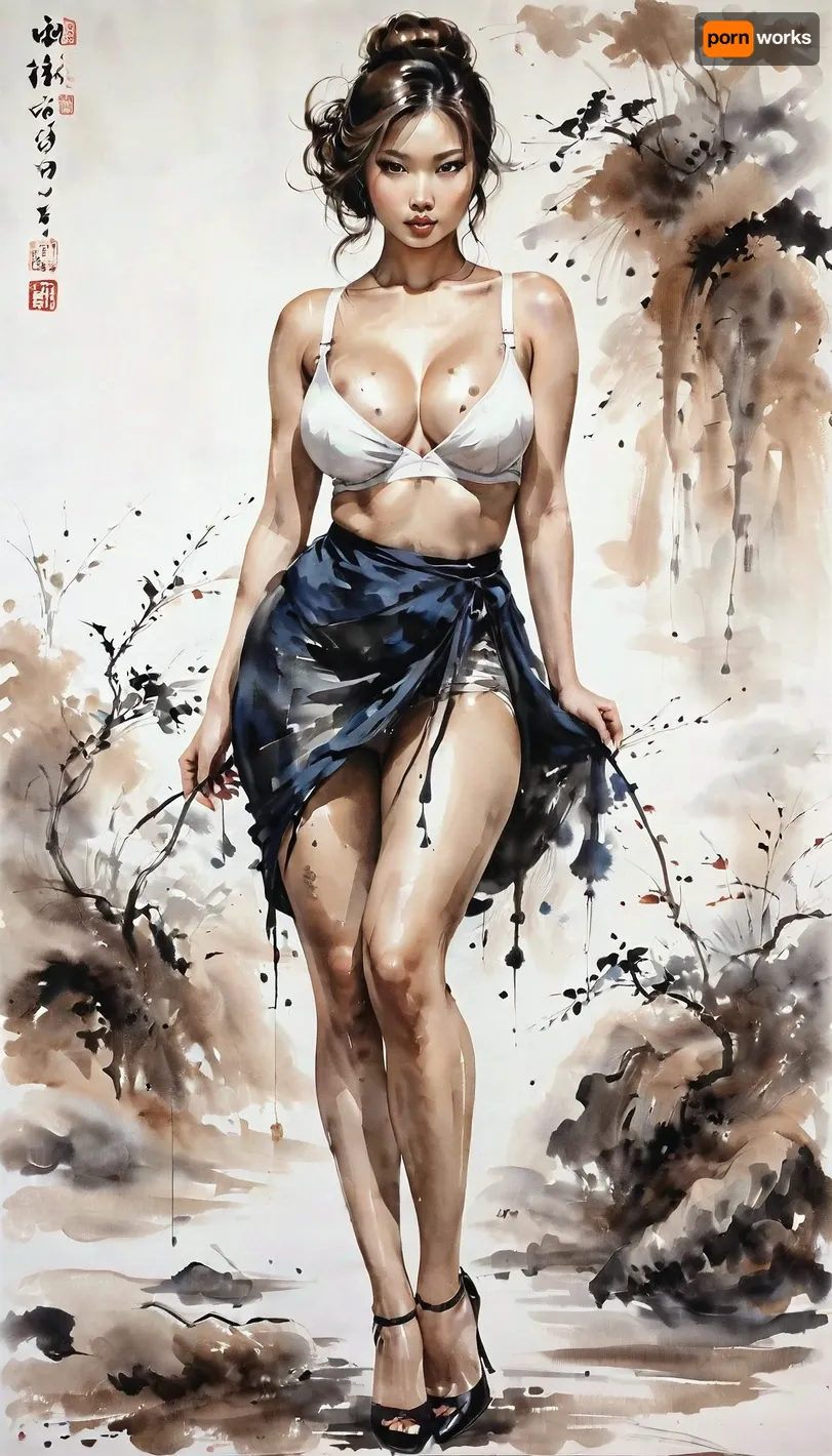 Sumi-ye style painting of Asian woman, Tags, big ass, big tits, curvy, pale white skin, anal, anal queen, beautiful body, medium ass, blonde, blue eyes, bra, brown eyes, brunette, high heels, indoor, Asian, light brown skin, milf, miniskirt, natural tits, pear-shaped ass, queen size, slender body, tits, Sumi-ye style painting, pantyhose, Submissive personality, trimmed pussy hair, QIEMANCN, sumi-e, <lora:landscape-painting-sdxl_v2:.5>, <lora:InkWashpainting:.5>, <lora:[XL]Sumi-e:.5>
