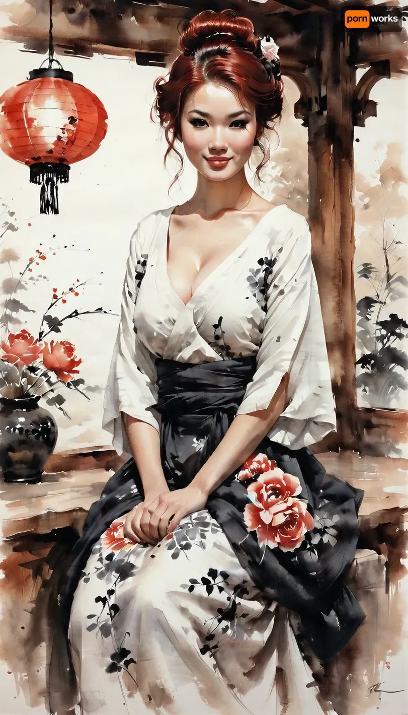 Sumi-ye style painting of Intricate stunning highly detailed beautiful and smiling Asian woman of 30 years old, Japanese tavern with sumi-e ornaments owner, white with colorful flovers a loose-fitting sundress with a rounded neckline, deep horse shoe neckline decorated with large voluminous artificial silk roses, middle sleeve, sumi-e style, random color of eyes, delicate features, round face, pale skin, red hair, irish, her hair tucked into a neat bun and two curly strands on the sides, a full-figured woman, cute, long eyelashes, full body portrait, tavern background, bleak, beautiful lit, drawing by Florian Nicolle and Tom Bagshaw and Karol Bak, QIEMANCN, sumi-e, <lora:landscape-painting-sdxl_v2:.5>, <lora:InkWashpainting:.5>, <lora:[XL]Sumi-e:.5>
