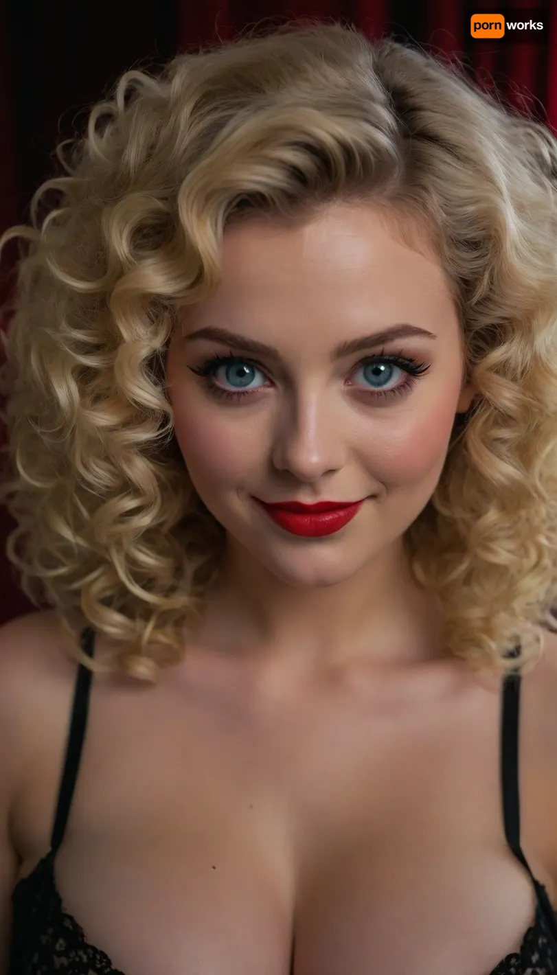 hot blonde, 20 years old, curly hair, big hair, blue eyes, big eyes, plump red lips, black eyeliner, smile, big tits, cleavage