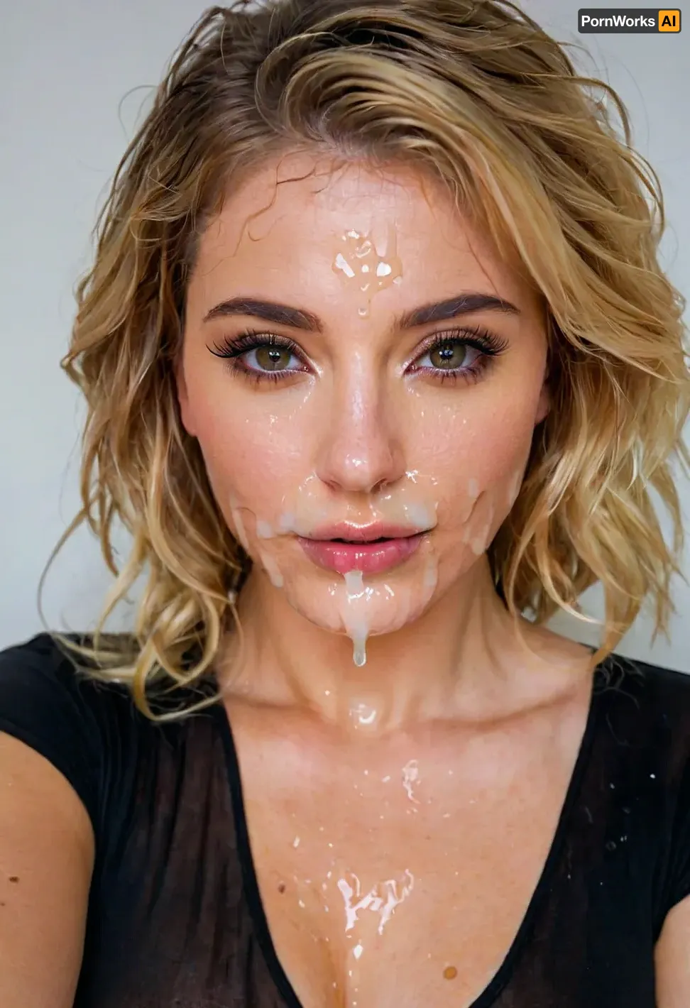 The image is a close-up selfie of a woman's face. She has blonde hair that is styled in loose waves and is wearing a black top. The woman is looking directly at the camera with a slight smile on her lips. On her face, there is a huge amount of cum dripping down her face. The cum is covering her entire face and around her eyes. The background is a plain white wall with a painting hanging on it., woman, on, face, <lora:JustCum:.5>, bukkake, cum, <lora:MS_Real_XL_Bukkake:.5>
