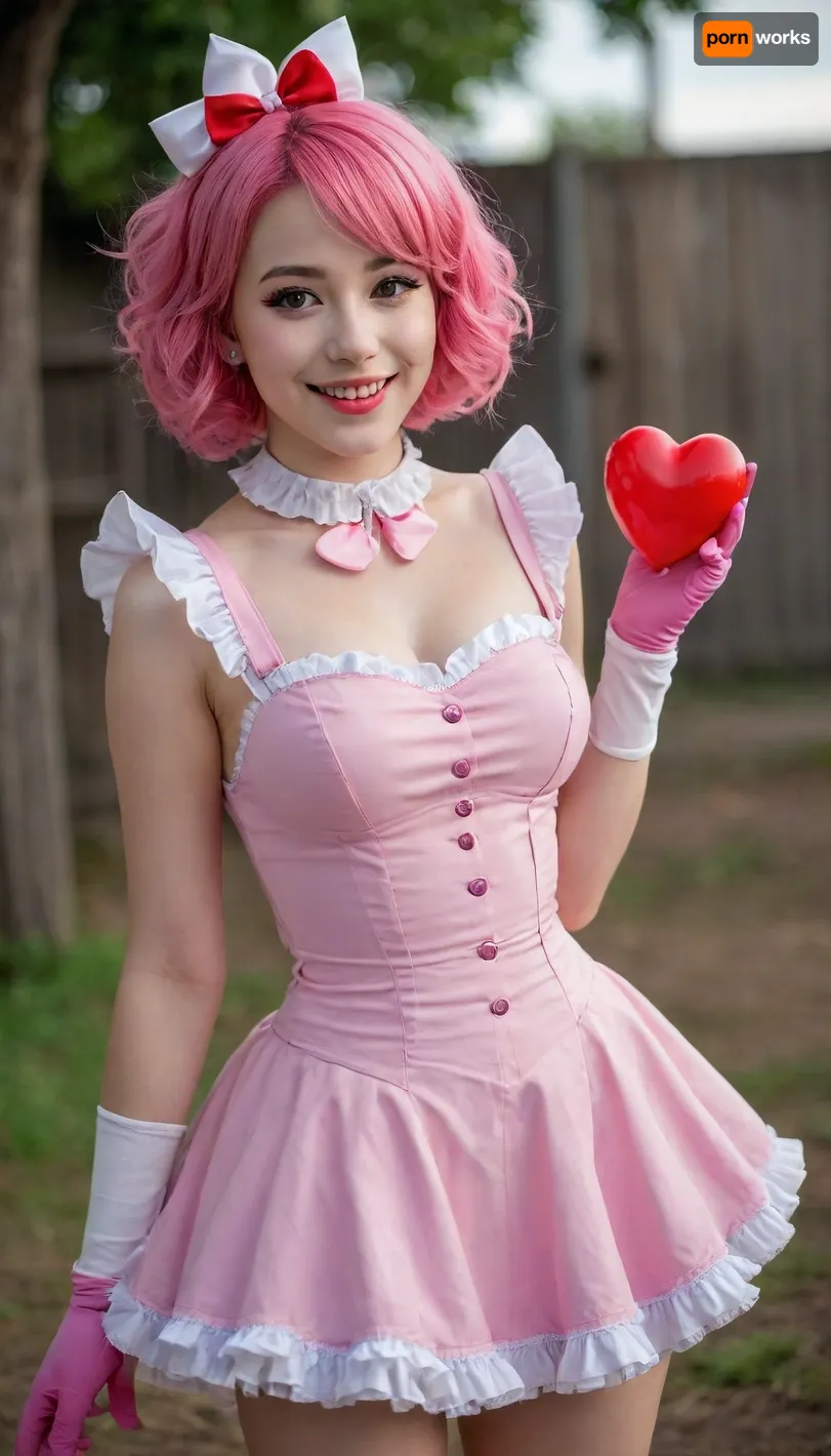 score_9, score_8_up, score_7_up, 1girl, solo, geiru toneido, pink hair, clown nose, chocker, shoulder pads, suspenders, pink dress, heart-out-of-chest, frilled dress, sleeveless, pink gloves, smile, looking at viewer, breasts, hips, thighs, cowboy shot