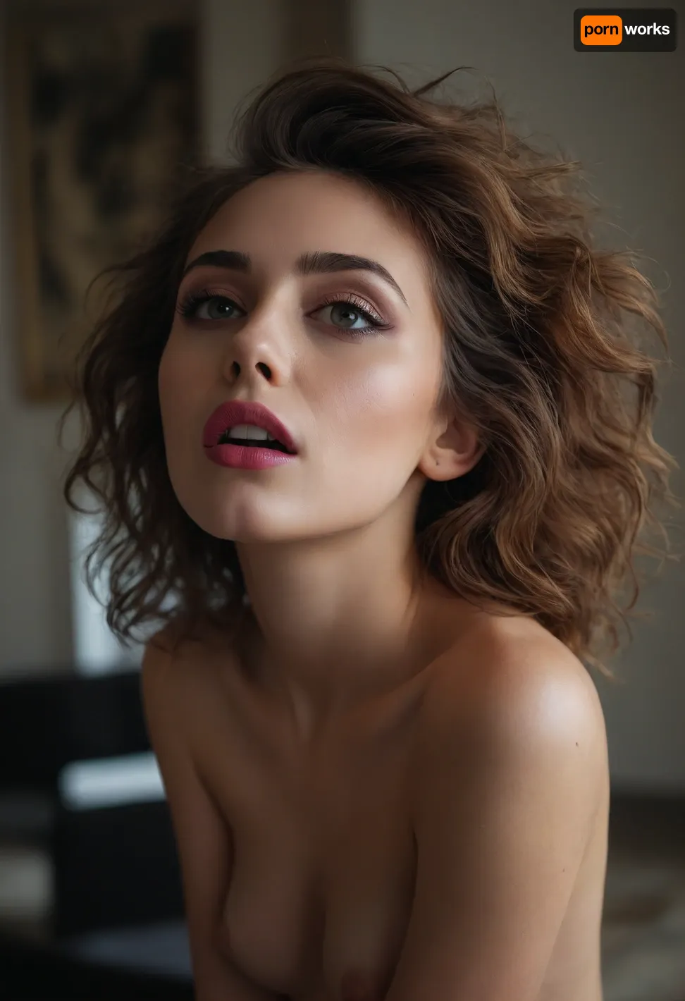 (stunning girlfriend, makeup model:1.5), (flawless makeup, flawless skin:1.4), (messy hair), (intimate eye contact), (beautiful agony, little death, La petite mort:1.2), wide eyes, lips parted, gasping, orgasm face, slack face, low angle view, straddling, leaning forward, shoulders forward, back arched, neck stretched, neck flexing, ZipRealism