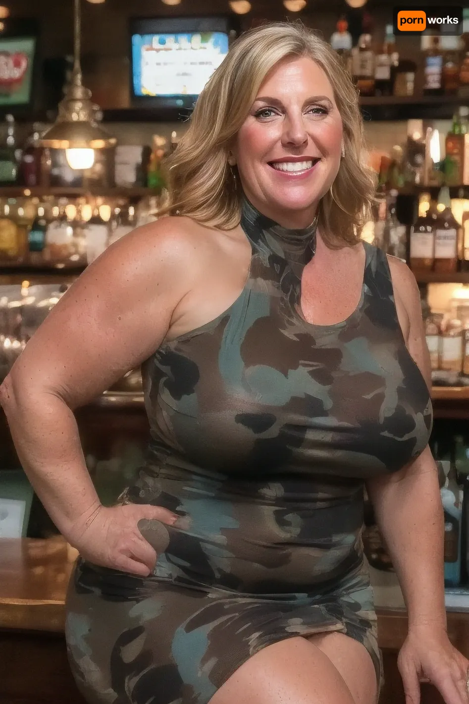 RAW photo, subject, (high detailed skin:1.1), 8k uhd, soft lighting, high quality, film grain, Fujifilm XT3, dynamic angle, 60 years old brunette woman, fat, milf, fair skin, (open mouth:1), smiling, (show full face), professional portrait, in a bar, low cut black dress, braless, covered, nipples, sideboob, <lora:paislash-10:.7>, <lora:age_slider_v20:2>, <lora:weight_slider_v2:1.5>, <lora:bralessv2:.5>