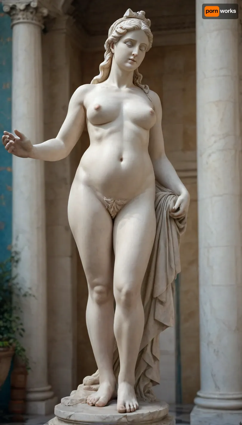 marble statue of the GODDESS Artemis in Greek style, pregnant, full height, naked, with very crooked legs, saggy breasts, soft breasts, large nipples, shaved pussy, bulging belly, straight waist