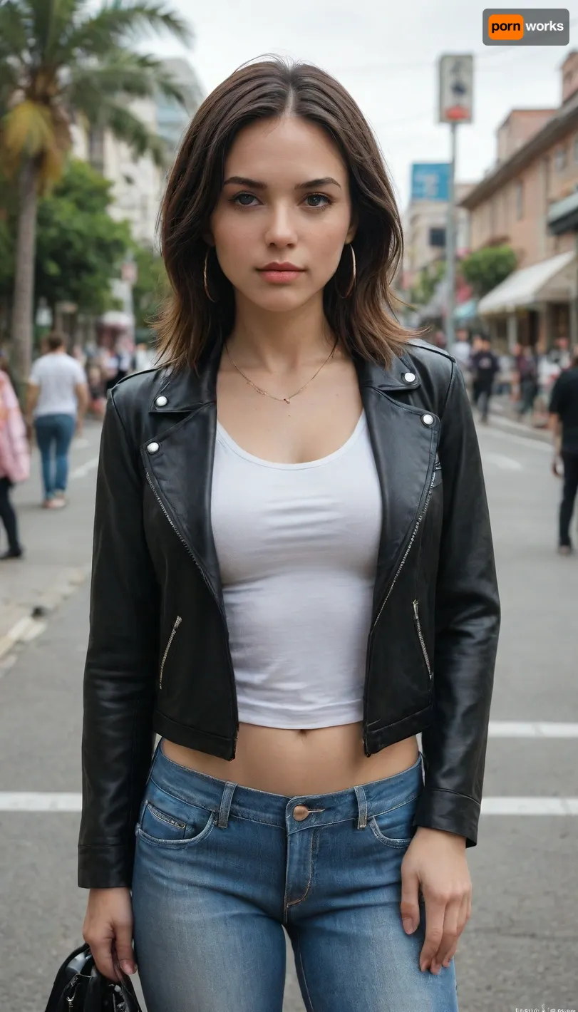 women is dressed in a white fitted top paired with low-rise, light-wash denim jeans with subtle distressing. The layers a black leather jacket over the top and accessories with large silver hoop earrings and a black shoulder bag with a chain strap. Her dark hair is styled in a short, layered bob with flipped ends, and her makeup includes soft eyeliner, bronzed cheeks, and a clear glossy lip. She stands on a city street with palm trees and storefronts visible in the background.