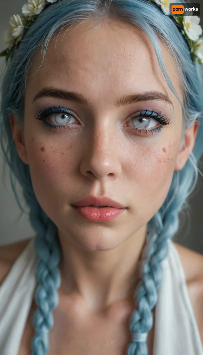 Portrait, perfect big boobs, inverted nipples, (light blue hair), (messy braids), (flower hairband), pale skin, (white eyes:1.87), blue makeup, (eye makeup:1.5), blue lipstick, wet lips, (intensively staring at the camera), pronounced cheek bones, (fake lips), (fake eyelashes), ((freckles)), (seductive smirk), ((full body view)), (view from side:.5), (view from down:1), (looking over the shoulder:1), perfect pussy, blue pubic hair, latex skirt, studio environment, (light reflecting from eyes), 4ng3l, face, ShineCurve_Apparel, <lora:Latexstraitjacket_XL_0_:.3>, <lora:EnvyZoomSliderXL01:.4>, <lora:add-detail-xl:1.2>, <lora:SDXL_BetterFaces-LoRA_v1:1.1>, <lora:ShineCurve_Apparel-000009:.9>