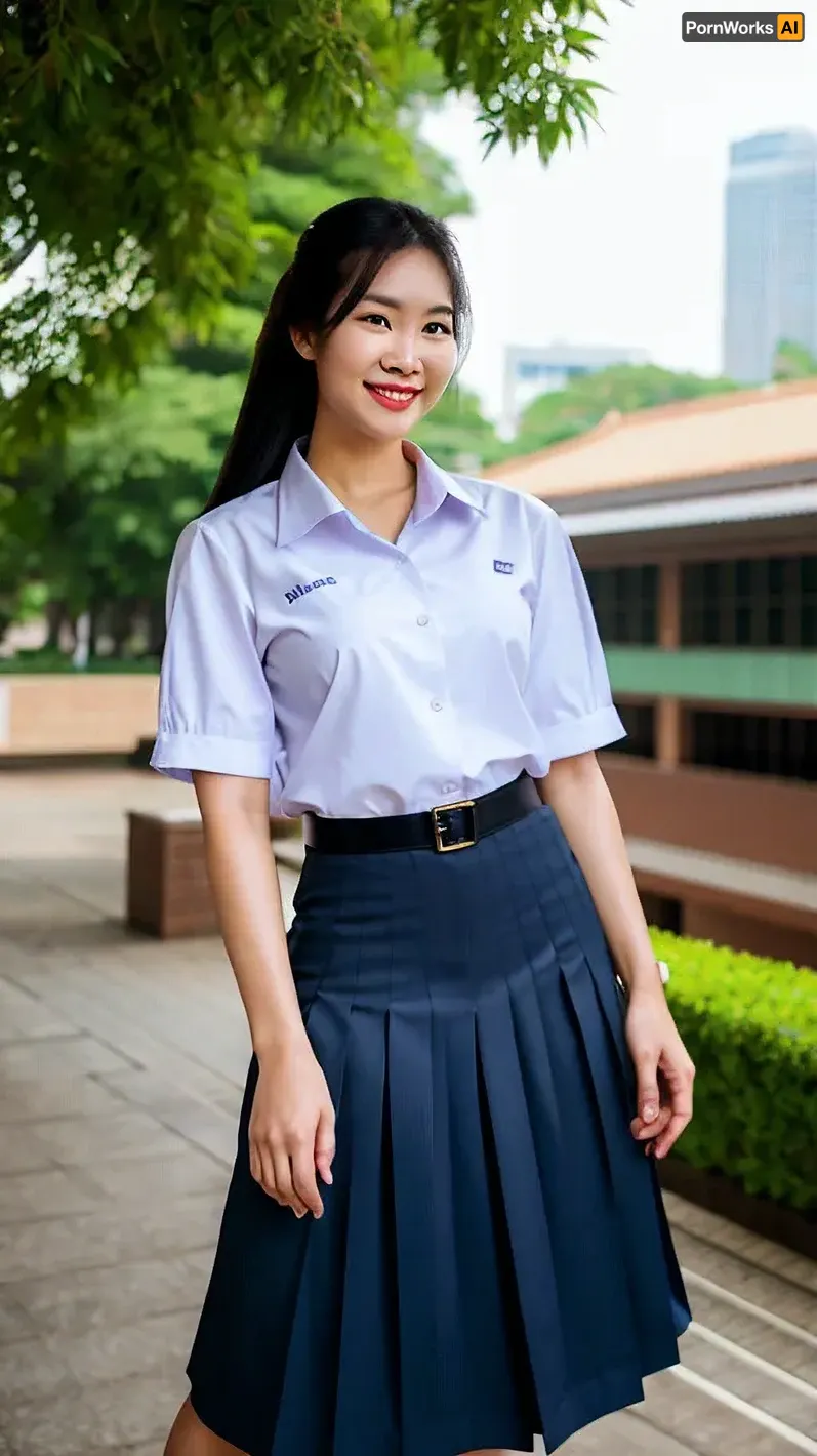 (thai woman), (photorealistic:1.4), Best quality, masterpiece, ultra high res, (ํ1girl), At a Thai university, photo, best quality, ultra-detailed, finely detail, highres, 8k wallpaper, photorealistic, (high detailed skin), (high detailed clothes), 8k uhd, dslr, high quality, detailed skin texture, (highly detailed hair), highly detailed body, (realistic), soft light, 1girl, mathayom, uniform, white, shirt, sleeves, ((black, pleated, long, skirt)), <lora:mathayom22:.95>