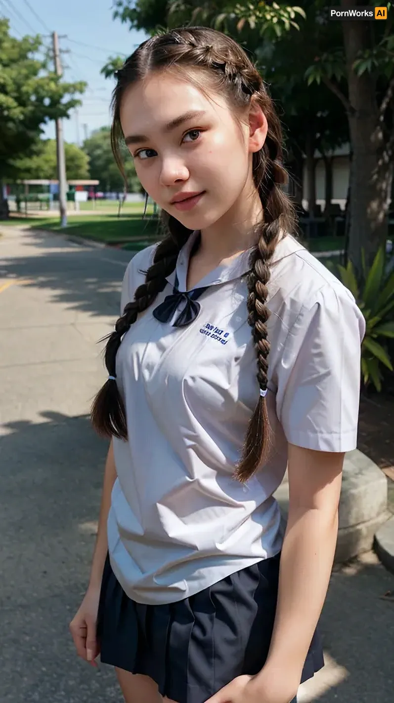 ((Taeyeon woman)), 18 years old, (((braided hair))), (photorealistic:1.4), Best quality, masterpiece, ultra high res, (ํ1girl), At a Thai university, photo, best quality, ultra-detailed, finely detail, highres, 8k wallpaper, photorealistic, (high detailed skin), (high detailed clothes), 8k uhd, dslr, high quality, detailed skin texture, (highly detailed hair), highly detailed body, (realistic), thai, junior, high, school, uniform, Navy black large pleated skirt, skirtlift, <lora:thai_junior_highschool_girl_uniform:1>, <lora:skirtlift-v1:.5>