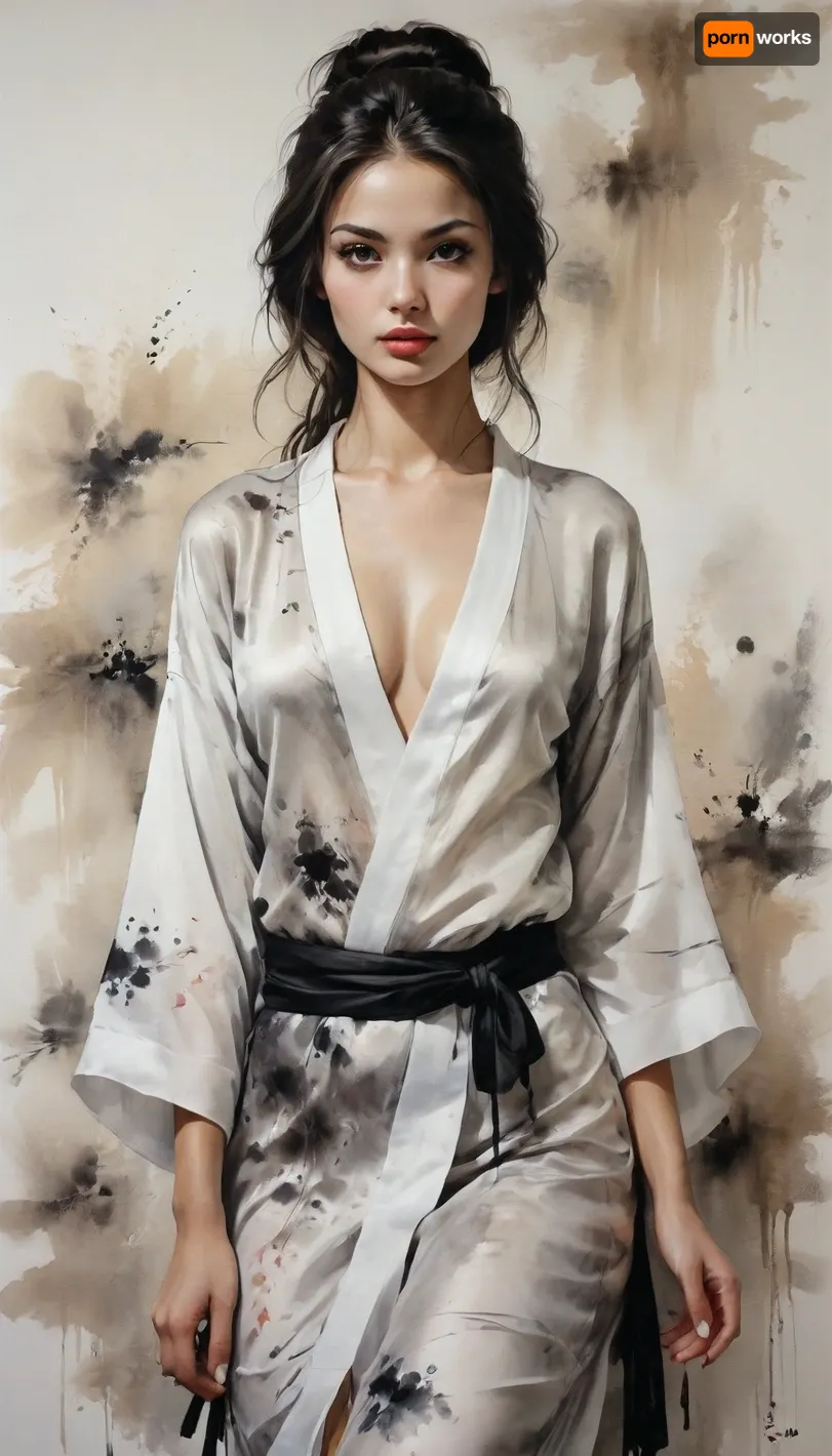 Sumi-e painting ornament room, painting with sumi-e style, dark tanned skin, rays of light, daylight, long smooth black hair, very big botox lips, detailed realistic eyes, detailed realistic lips, detailed gorgeous face, skinny, round tits, perfect eyes, low face e beauty, (((stature))), Sumi-e style painting of slender Russian girl, 21 years old, full wearing transparent white silk kimono with sumi-e ornament, knee-high photo, perfect Sumi-e style painting, sumi-e, <lora:[XL]Sumi-e:.5>, <lora:InkWashpainting:.4>