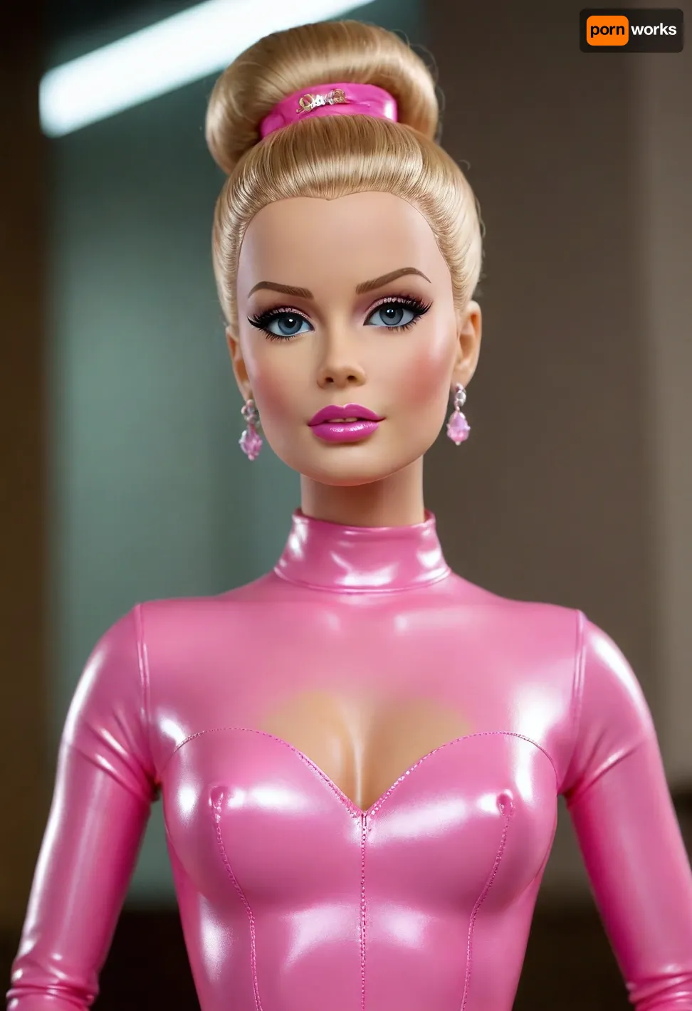 A striking image of Barbie dressed in a form-fitting pink latex outfit that gleams under soft studio lighting. Her hair is styled in an elegant updo, accentuating her poised and commanding presence. She gazes with a stern, confident expression, her features highlighted by subtle makeup. Her outfit emphasizes her figure, with a focus on her prominently highlighted bust. Completing the look, she wears towering high heels, adding to her statuesque appearance. The background is a minimalist, modern setting that complements her bold and fashionable ensemble.