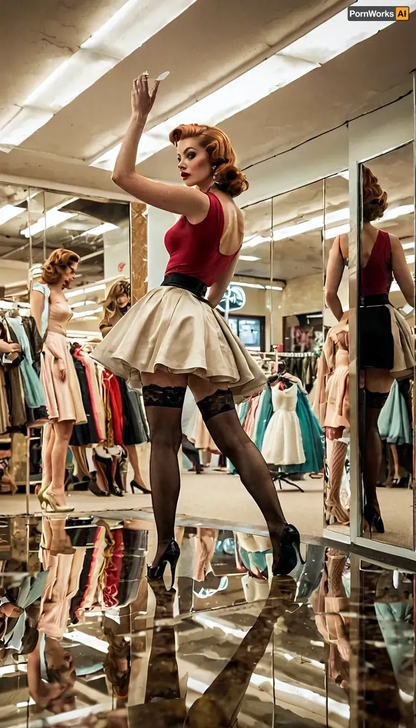 1 girl, Jane Jetson, in a 50s dress, in stockings, in a store, standing, standing on a mirror floor, mirror floor, reflection, reflected, under a skirt, stockings, Panties, 8k, excellent lighting, daylight, ultra detailed, real photo
