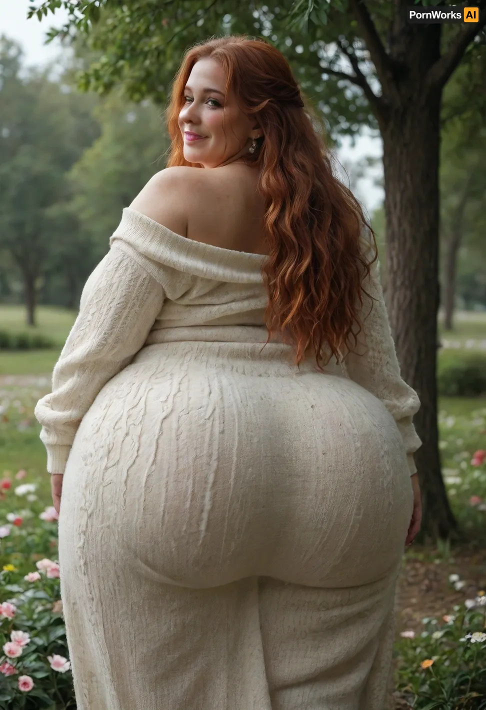 Super fat ssbbw milf, big fat ass, extremely wide hips. Natural ginger hair, long hairstyle. in oversized sweater-dress. Standing by tree, around flowers. After rain. Seductive posing, standig and looks with lovely smile back.