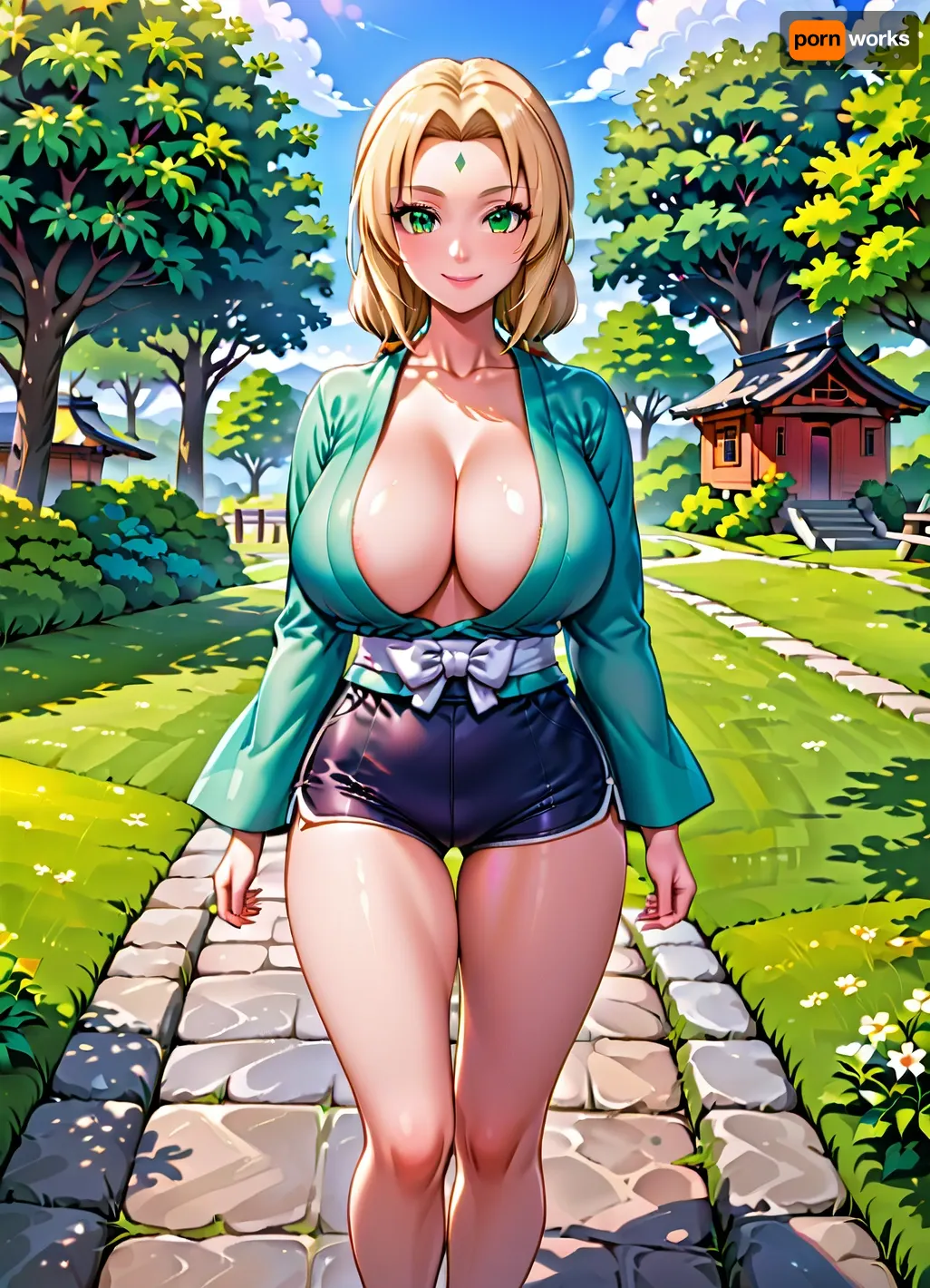 Tsunade from Naruto, age 20, top.less, long blonde hair, big green eyes, tall, strong body, confident, strict, independent, wearing casual clothes, walking through the streets of Konoha village. Tsunade showing off her body, dressed in an open kimono and lace very short tight shorts, strong beautiful large breasts, perfect buttocks, smile, seductive, slender legs, perspective from above, Background, wooden houses and flowering trees.