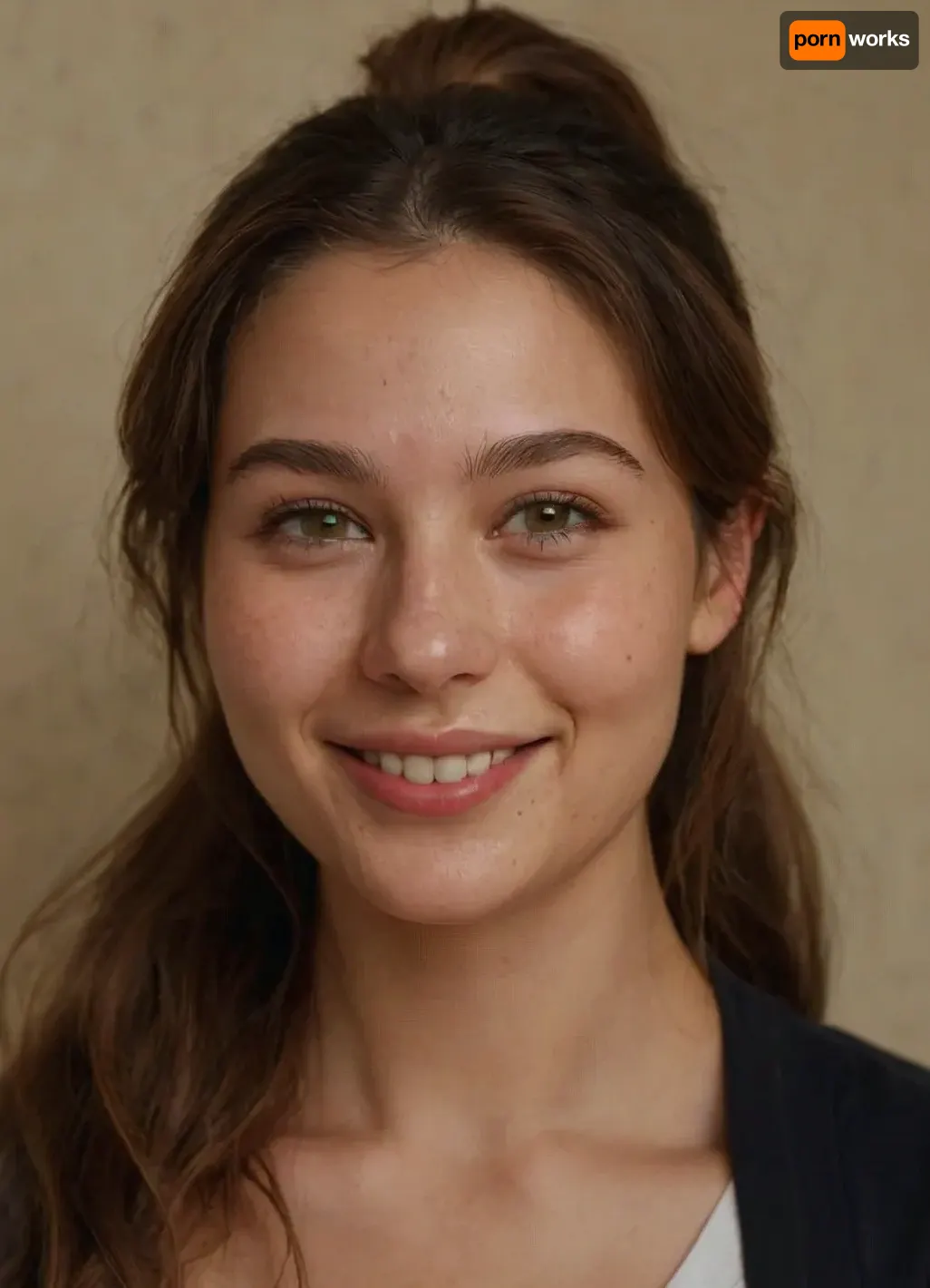 ((Full body shot)), 28 year old woman, British American, Caucasian, light brown hair in a ponytail, pale fair skin, 5'4" tall, busty, covered breasts, (sagging breasts), thin, wearing a t-shirt and blue jeans, angular features, wide face, square jaw, big chin, ((very prominent chin dimple)), high prominent cheeks, ((very prominent cheek dimples)), wide smile, nice lips, green eyes, acne scars, SaggySlimXL, uhang, yhang, <lora:updated_saggy_slim:1>