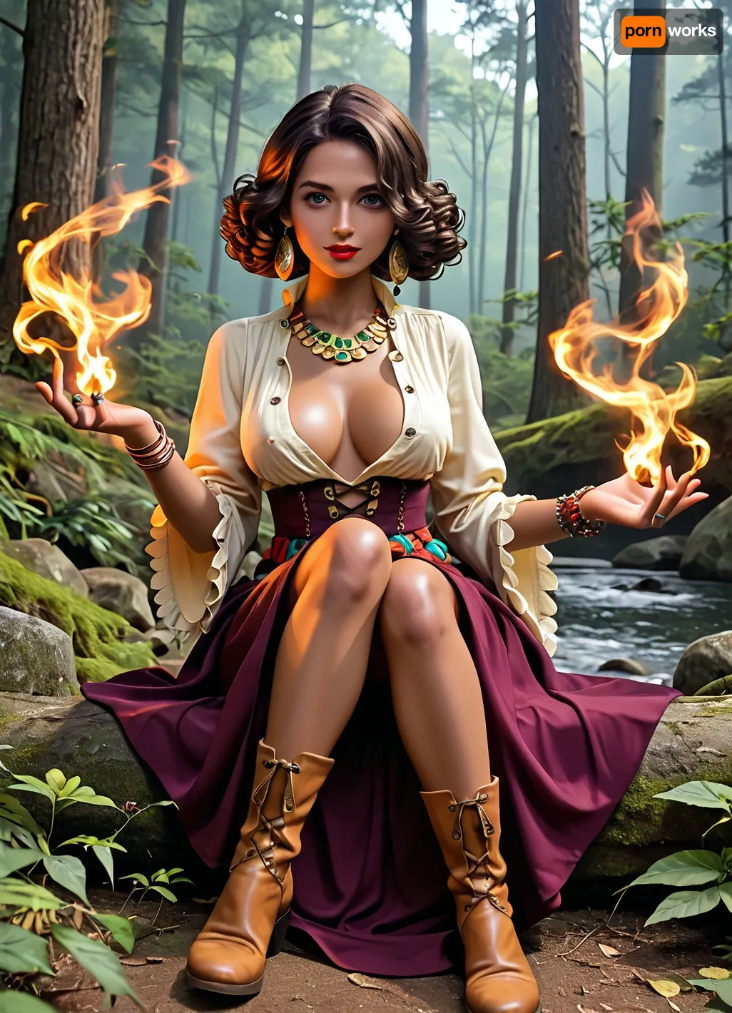 Gypsy woman with a pronounced gypsy appearance, dressed in a traditional gypsy dress with bright patterns, sitting by the fire in the night forest.Expressive face, with bright features, dark skin, eyes Large, expressive, black, Look deep, with a touch of mystery.Wide, bushy eyebrows of natural shape, full lips, emphasized by bright red lipstick. Thick long curly hair of dark brown color.Long, puffy skirt of bright colors, unbuttoned blouse, loose cut, with embroidery, lace or shiny elements.Bilye jewelry, large earrings, bracelets, rings, beads.bright scarf tied on the head.on the feet of boots with bright embroidery. image of a gypsy full of life, energy and mystery. Her appearance combines brightness, naturalness and some theatricality. She carries the spirit of freedom, passion and wisdom, which makes her image unforgettable. her blouse is unbuttoned, showing a large beautiful breasts, lewd, sexy, liberated pose, Background, dark sky with bright stars and flickering lights of the fire., <lora:FluxDFaeTasticDetails:.5>