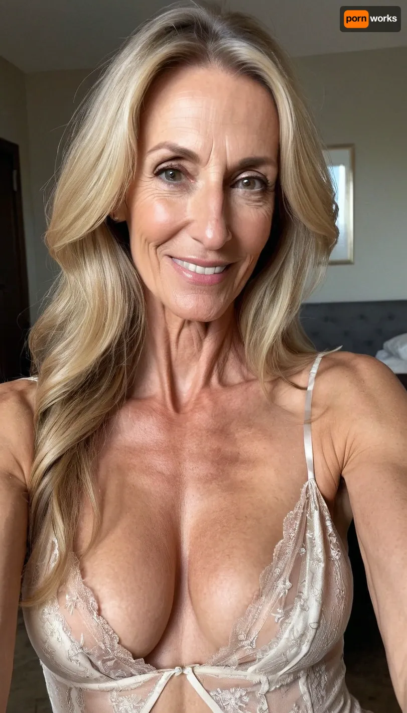 old mature, 50 years old, blonde, long hair, skinny, very tall, very super extreme long face, long huge nose, narrow long face, naught horny smile face, looking at the camera, sexy nightie, selfie, black eyes, extreme long huge nose, extreme wide huge chin