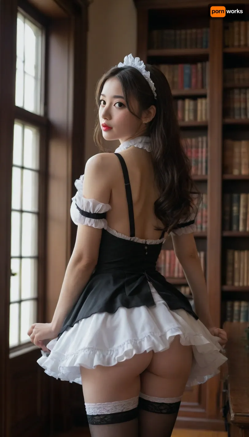 ((Extreme rich manor house)), (((dress lifted to show ass))), (3/4 back view:1.6), wood paneled room, ((library, (young girl, 18 years old), Korean instagram, makeup, lipstick, cute, attractive, petite, snub nose, thigh-high stockings, (long hair:1.2), in an erotic maid costume, dress it too short to cover ass, removable collar, removable sleeves, transparent dress, (visible breasts:1.4), visible pussy, shaved pussy, skinny, maid, insert, simplepositivexlv1, with frills, underwear)), detailxl