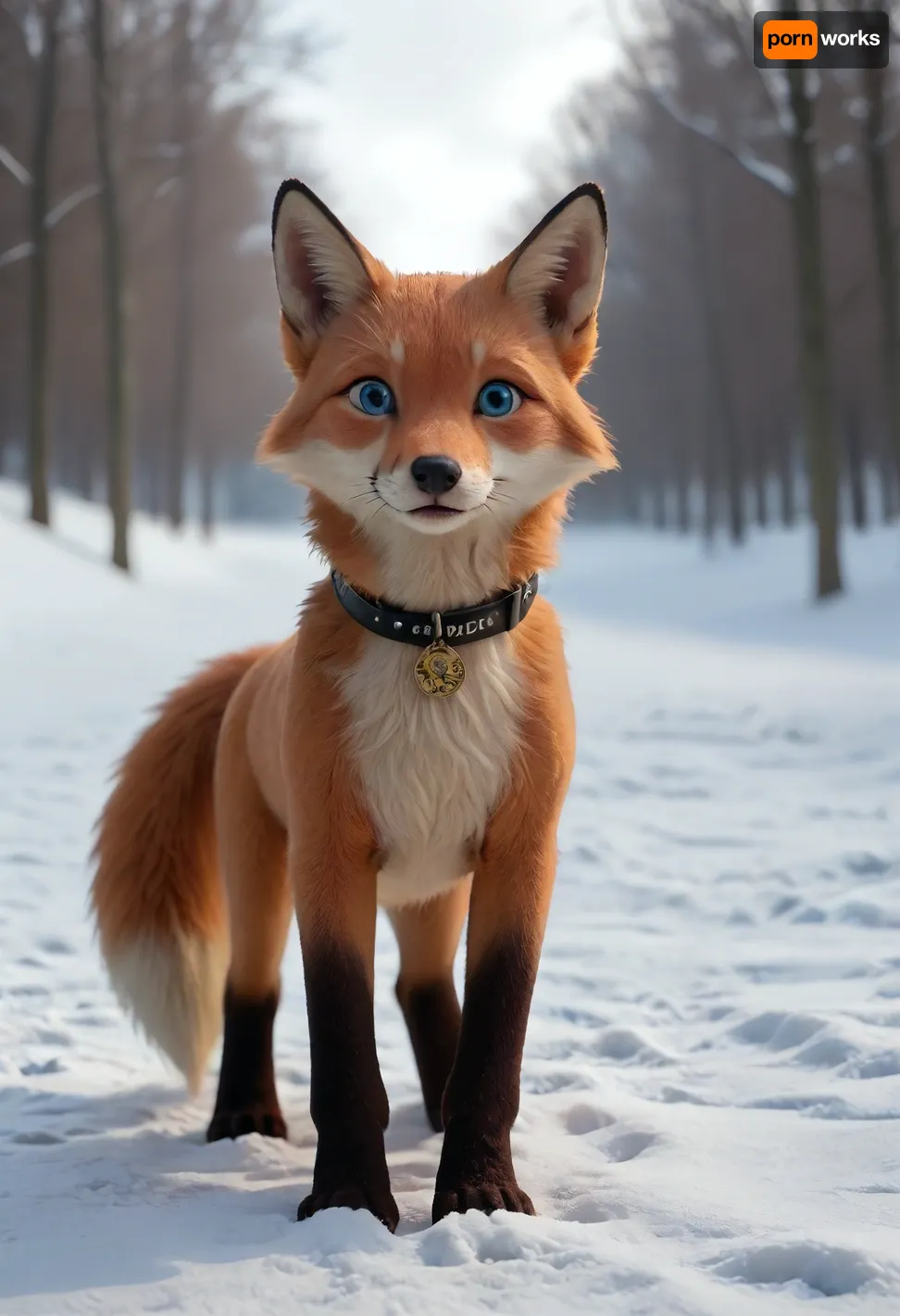red fox, (animal), in snow, blue eyes, black leather collar
