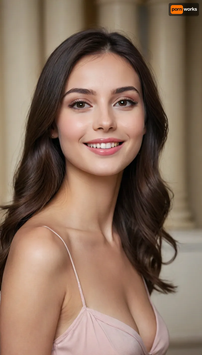 (8k, best quality, photorealistic:1.2), 20m away, timeless beauty, elegant young woman, graceful posing, soft lighting, radiant complexion, symmetrical face, long straight dark hair, (narrow innocent poised almond-shaped smiling eyes, clear captivating eyes with a slight curve at corner of eye), soft sculpted jawline with soft contours, youthful yet elegant appearance, subtle blush on high cheekbones, natural, healthy look, soft gaze, (naturally full, softly lips, with thin cupid's bow, rounded under lip, angelic smile), angled cheeks with subtle dimple, perfect teeth, black silky long hair, slender body, athletic, medium breasts, silky skin, thin waist, long legs
