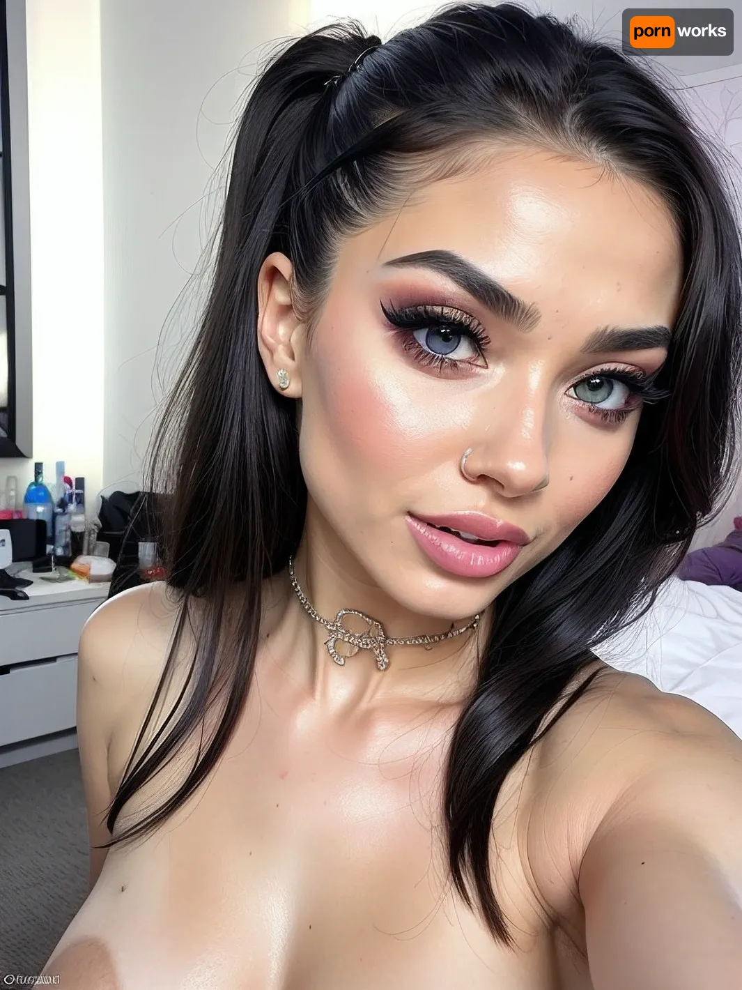 Hyperrealism, natural petite cutie, 21 years old beautiful, stunning unique female character. She has large turquoise eyes filled with joy and excitement, extravagant eyelashes, making this image a masterpiece of photography and digital art, Style, realistic hyper-detailed rendering, 32k UHD, expressive eyes, punk, graphic design, girl's face, pretty and cute, gleaming big sexy lips, white skin, facial, cum, pov, open, mouth, <lora:MS_Real_Facial_Lite:.5>, <lora:r0m4nt1cg0th:.5>