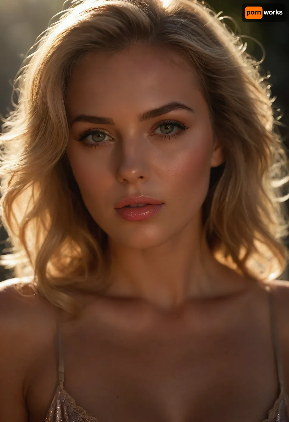 An erotic and high sexual portrait of a stunningly beautiful woman. The scene bathed in warm, direct sunlight that accentuates her delicate features. Her blonde hair shines like a soft, golden glow around her, framing her gorgeous face. The focus is on her big, innocent eyes, framed by subtle, shimmery makeup and delicate, natural eyeliner, and her pouting full pink lips, slightly parted in a soft gasp of desire. Her face and chest are flushed pink with desire, her skin oily and sweaty from exertion. The overall mood is one of lust and sexual desire., 8k, intricate details, hyperrealistic, professional photography, Masterpiece, award-winning photography, RAW photography, (direct sunlight, hair glow lighting:1.4), ZipRealism, sunnyrayyxo, <lora:sunnyrayyxo_v1_SDXLBase:.8>, raw lighting, <lora:Rawfully Stylish v0.2_epoch_20:.8>