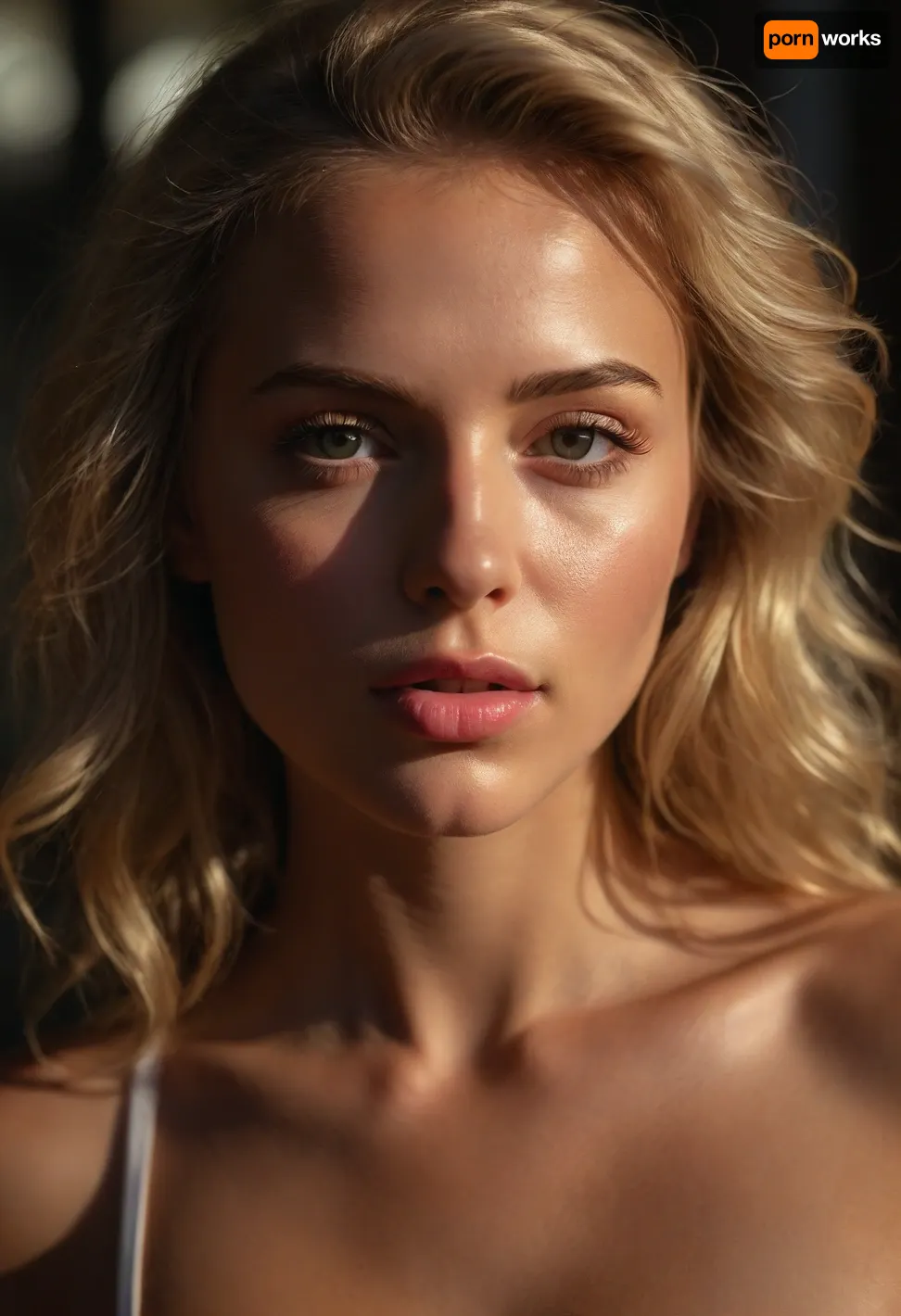 An erotic and high sexual portrait of a stunningly beautiful woman. The scene bathed in warm, direct sunlight that accentuates her delicate features. Her blonde hair shines like a soft, golden glow around her, framing her gorgeous face. The focus is on her big, innocent eyes, framed by subtle, shimmery makeup and delicate, natural eyeliner, and her pouting full pink lips, slightly parted in a soft gasp of desire. Her face and chest are flushed pink with desire, her skin oily and sweaty from exertion. The overall mood is one of lust and sexual desire., 8k, intricate details, hyperrealistic, professional photography, Masterpiece, award-winning photography, RAW photography, (direct sunlight, hair glow lighting:1.4), ZipRealism, sunnyrayyxo, <lora:sunnyrayyxo_v1_SDXLBase:.8>, raw lighting, <lora:Rawfully Stylish v0.2_epoch_20:.8>