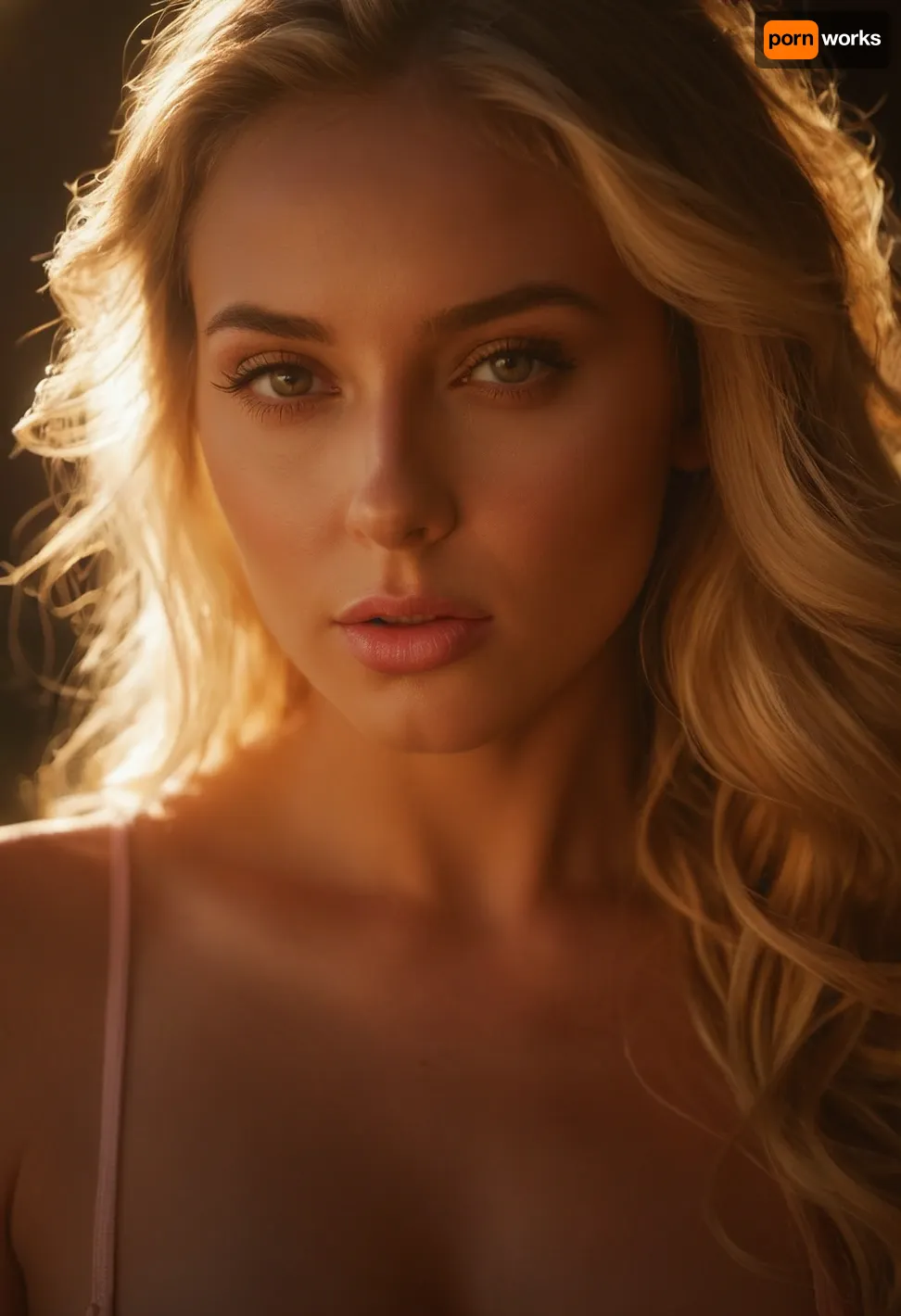 An erotic and high sexual portrait of a stunningly beautiful woman. The scene bathed in warm, direct sunlight that accentuates her delicate features. Her blonde hair shines like a soft, golden glow around her, framing her gorgeous face. The focus is on her big, innocent eyes, framed by subtle, shimmery makeup and delicate, natural eyeliner, and her pouting full pink lips, slightly parted in a soft gasp of desire. Her face and chest are flushed pink with desire, her skin oily and sweaty from exertion. The overall mood is one of lust and sexual desire., 8k, intricate details, hyperrealistic, professional photography, Masterpiece, award-winning photography, RAW photography, (direct sunlight, hair glow lighting:1.4), ZipRealism, sunnyrayyxo, <lora:sunnyrayyxo_v1_SDXLBase:.8>, raw lighting, <lora:Rawfully Stylish v0.2_epoch_20:.8>